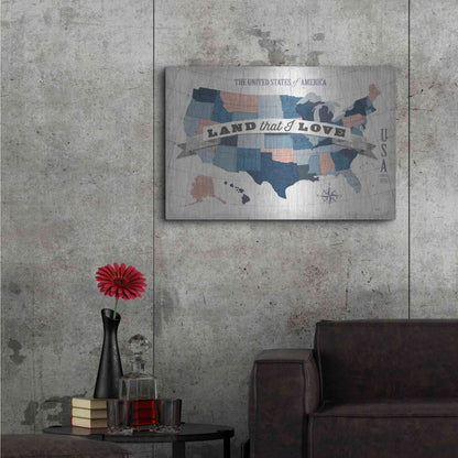 Luxe Metal Art 'USA Modern Vintage Blue Grey Red with Words' by Michael Mullan, Metal Wall Art,36x24