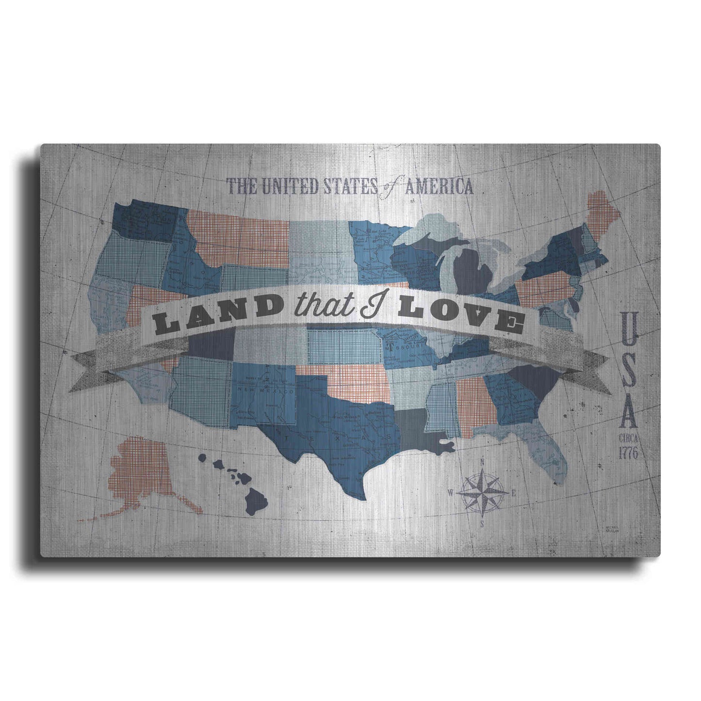 Luxe Metal Art 'USA Modern Vintage Blue Grey Red with Words' by Michael Mullan, Metal Wall Art
