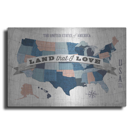 Luxe Metal Art 'USA Modern Vintage Blue Grey Red with Words' by Michael Mullan, Metal Wall Art