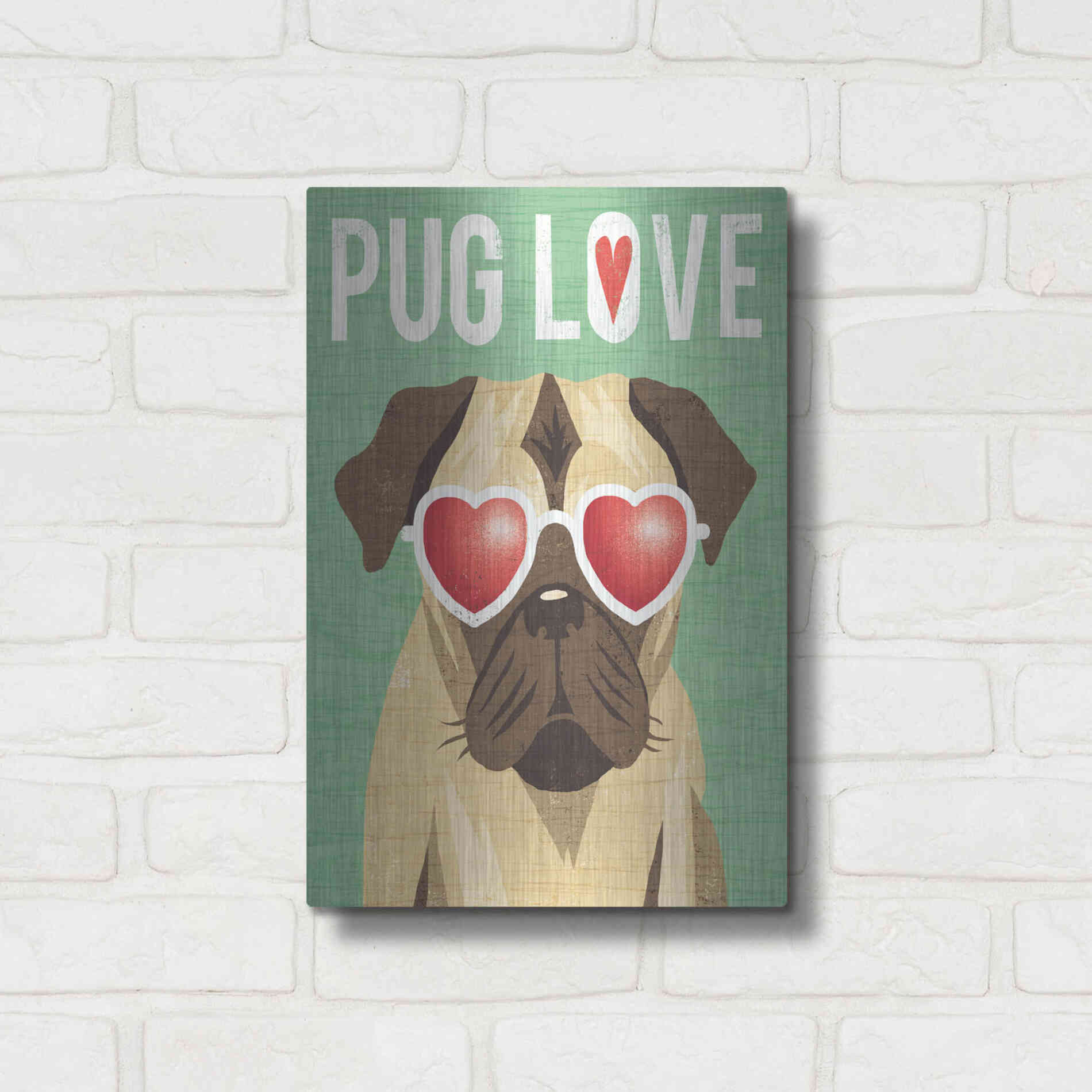 Luxe Metal Art 'Beach Bums Pug I Love' by Michael Mullan, Metal Wall Art,12x16