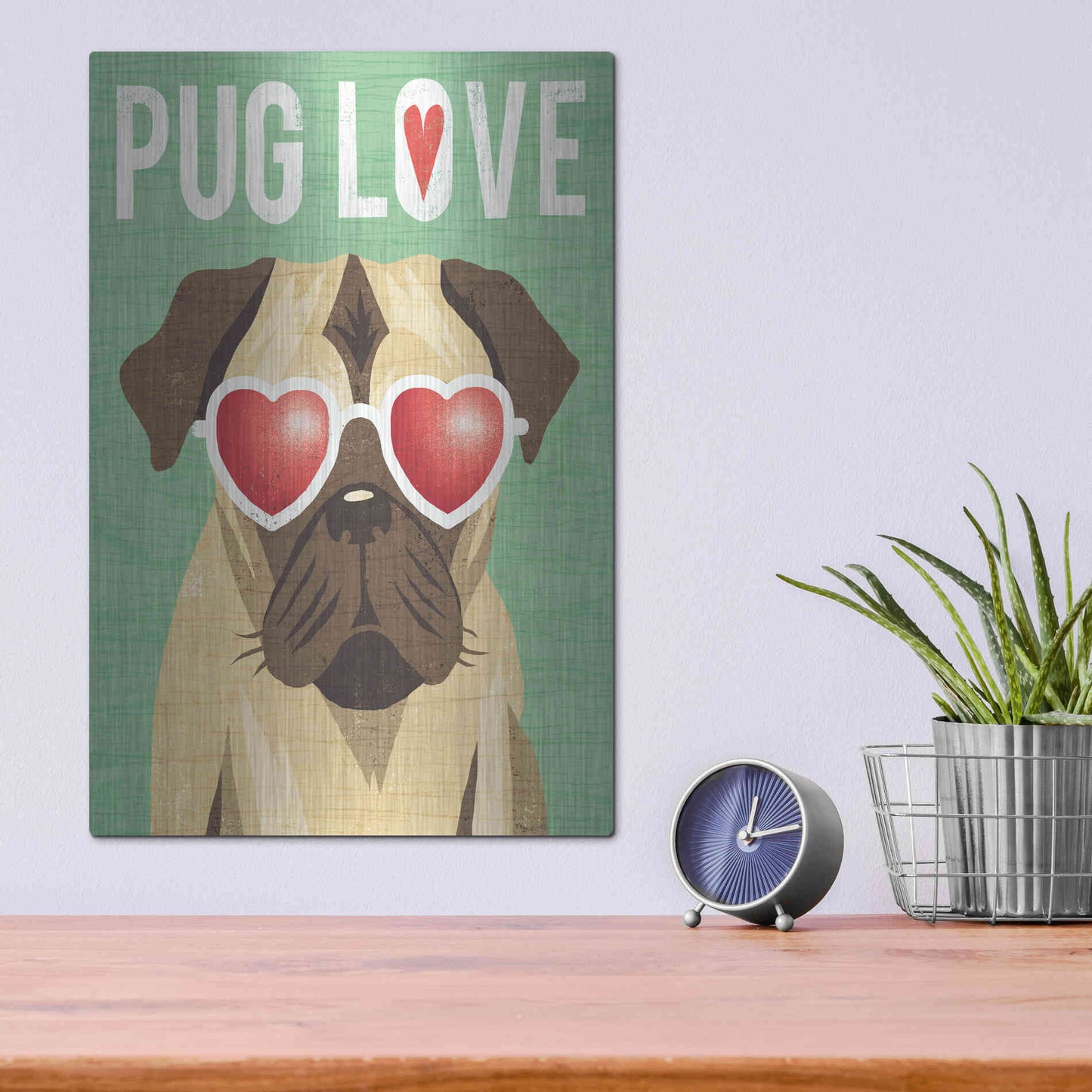 Luxe Metal Art 'Beach Bums Pug I Love' by Michael Mullan, Metal Wall Art,12x16