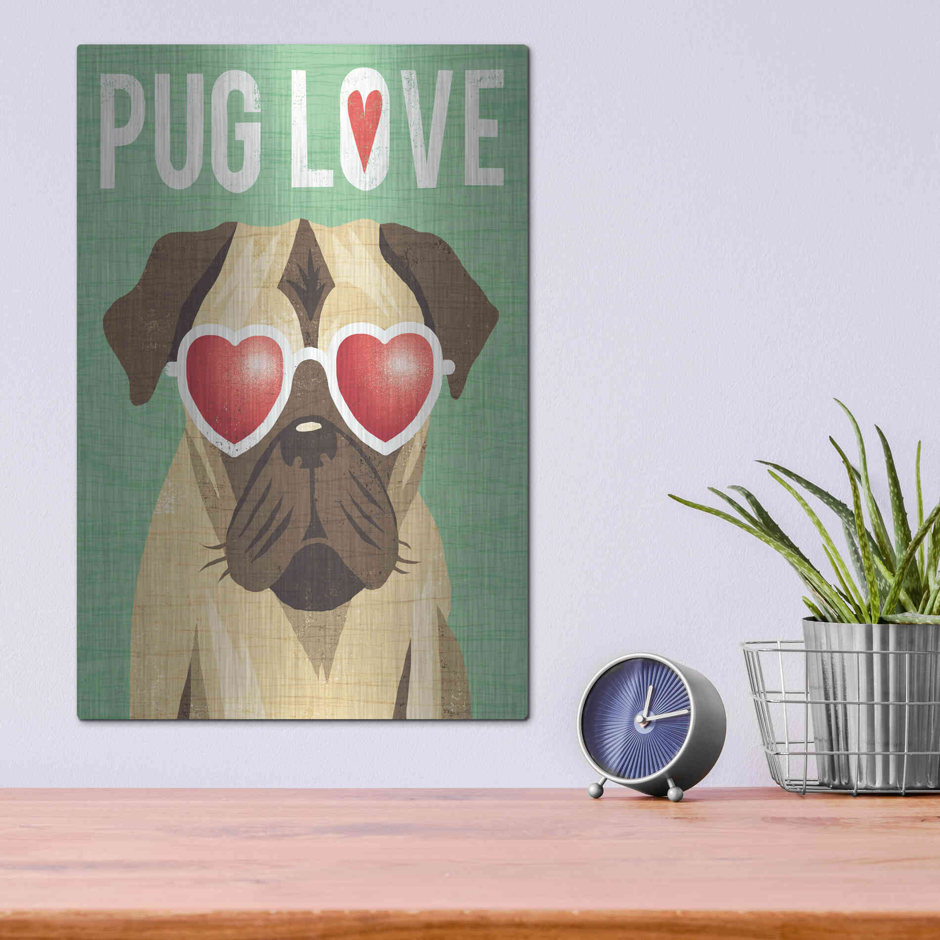 Luxe Metal Art 'Beach Bums Pug I Love' by Michael Mullan, Metal Wall Art,12x16