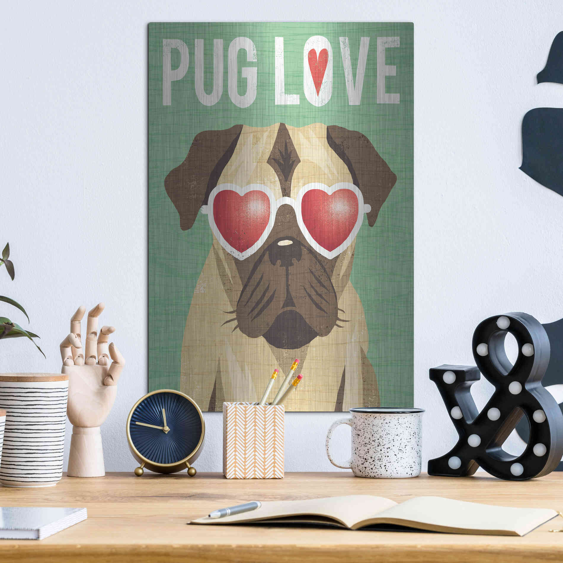 Luxe Metal Art 'Beach Bums Pug I Love' by Michael Mullan, Metal Wall Art,12x16