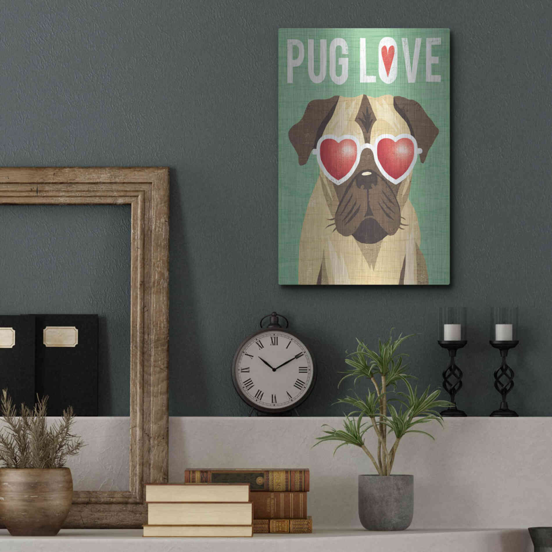 Luxe Metal Art 'Beach Bums Pug I Love' by Michael Mullan, Metal Wall Art,12x16