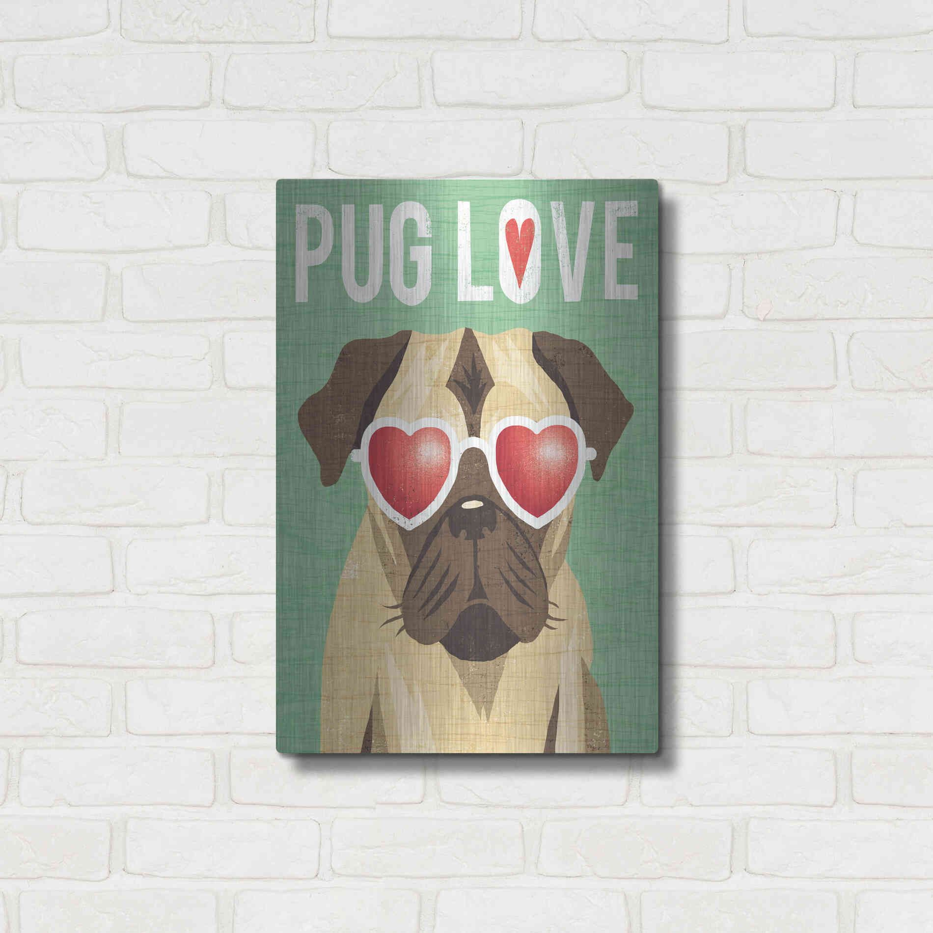 Luxe Metal Art 'Beach Bums Pug I Love' by Michael Mullan, Metal Wall Art,16x24