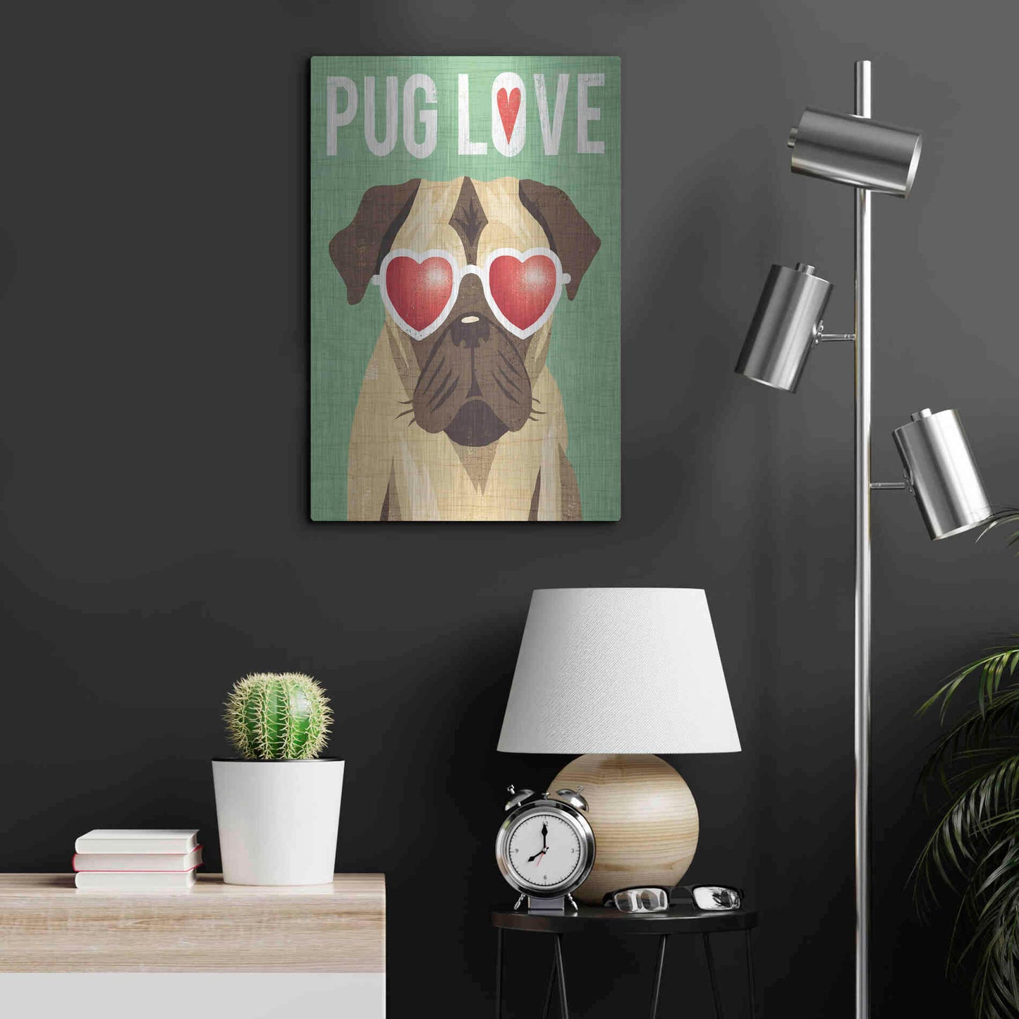 Luxe Metal Art 'Beach Bums Pug I Love' by Michael Mullan, Metal Wall Art,16x24