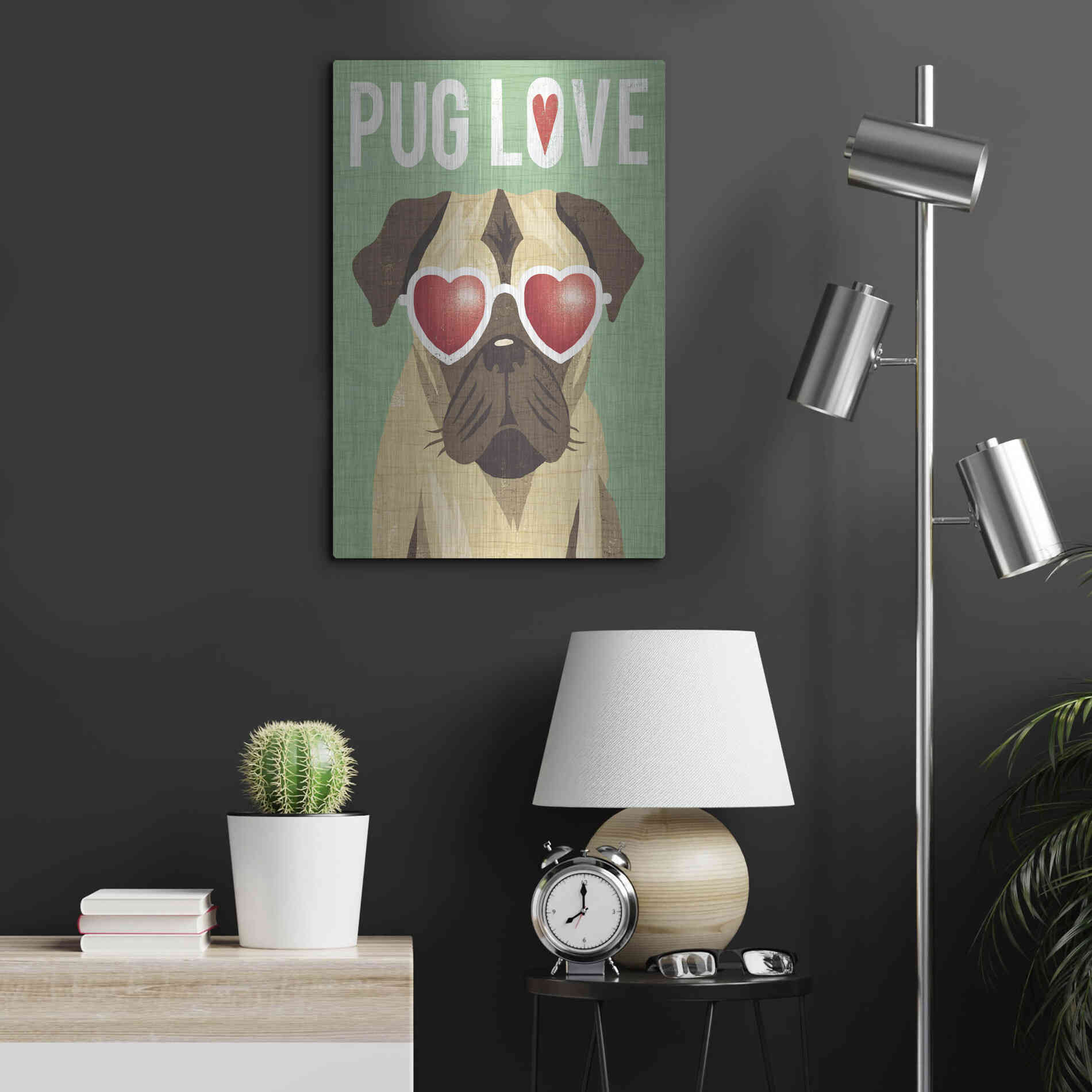 Luxe Metal Art 'Beach Bums Pug I Love' by Michael Mullan, Metal Wall Art,16x24