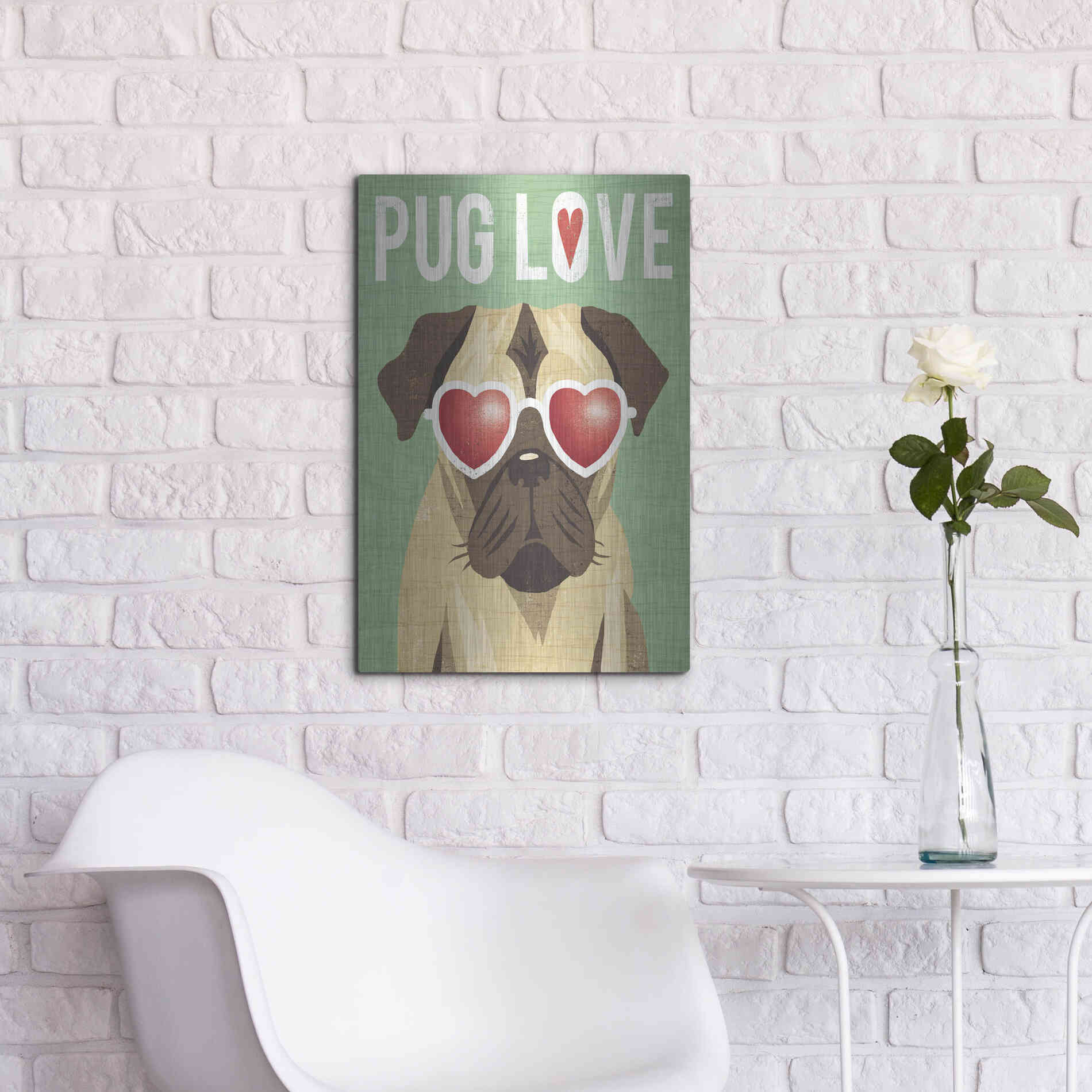 Luxe Metal Art 'Beach Bums Pug I Love' by Michael Mullan, Metal Wall Art,16x24