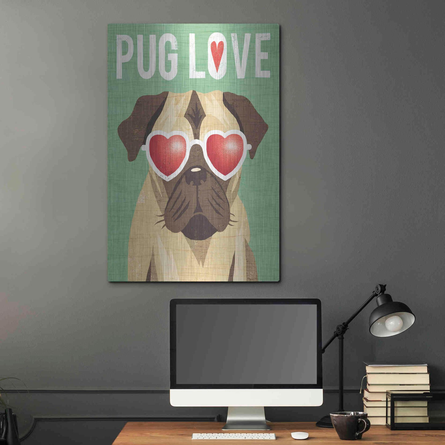Luxe Metal Art 'Beach Bums Pug I Love' by Michael Mullan, Metal Wall Art,24x36