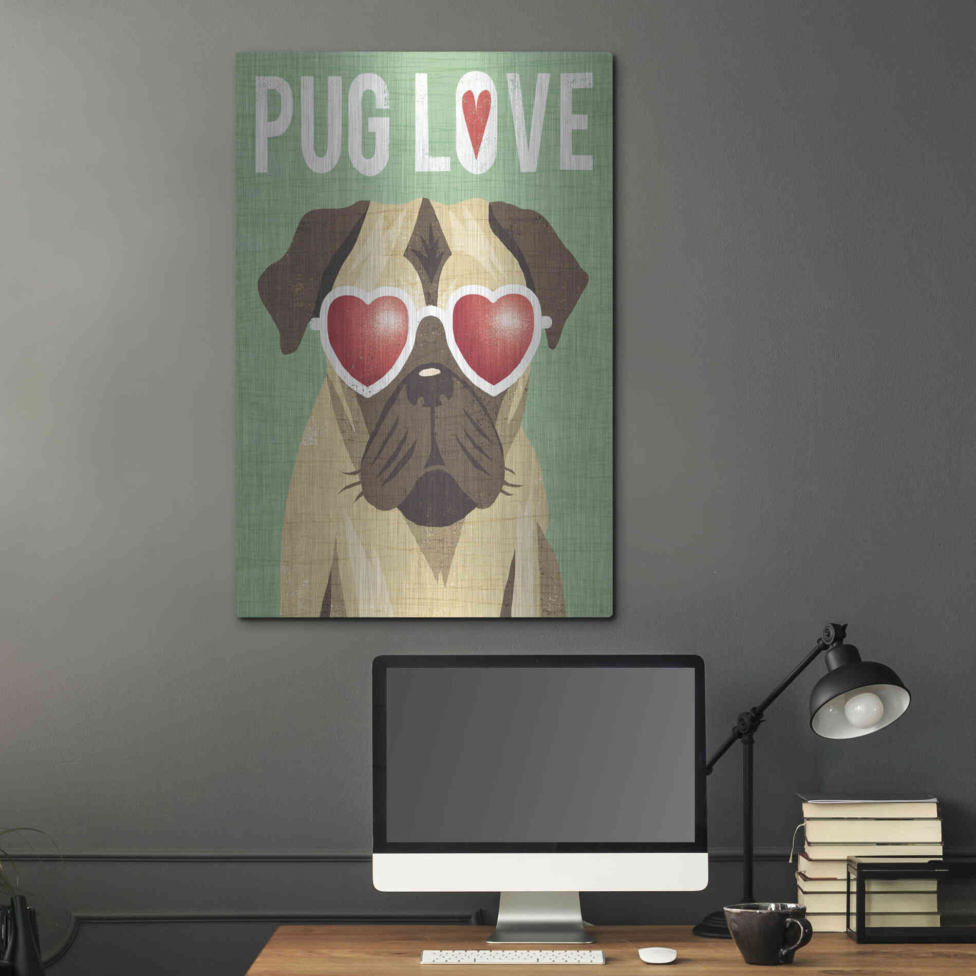 Luxe Metal Art 'Beach Bums Pug I Love' by Michael Mullan, Metal Wall Art,24x36