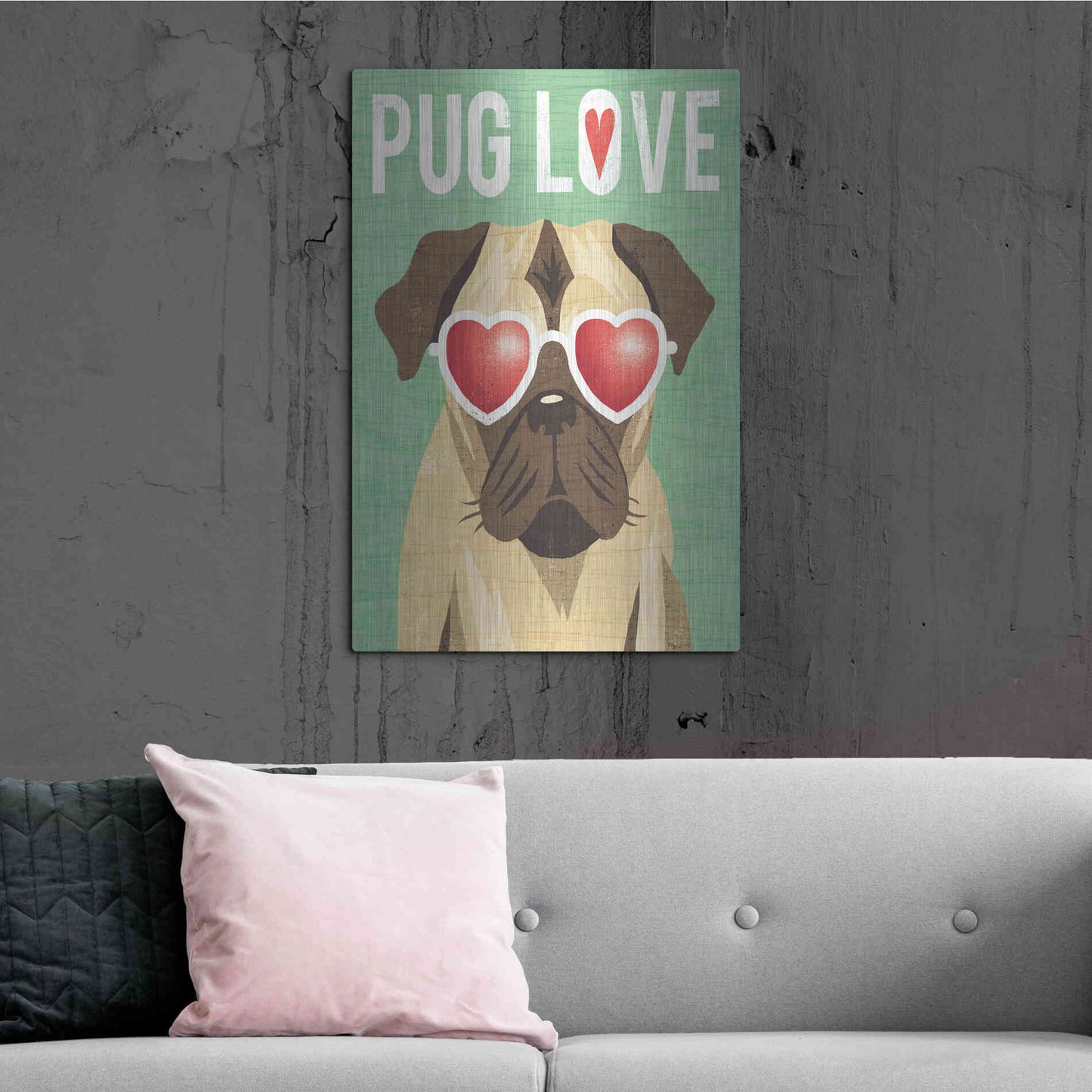 Luxe Metal Art 'Beach Bums Pug I Love' by Michael Mullan, Metal Wall Art,24x36