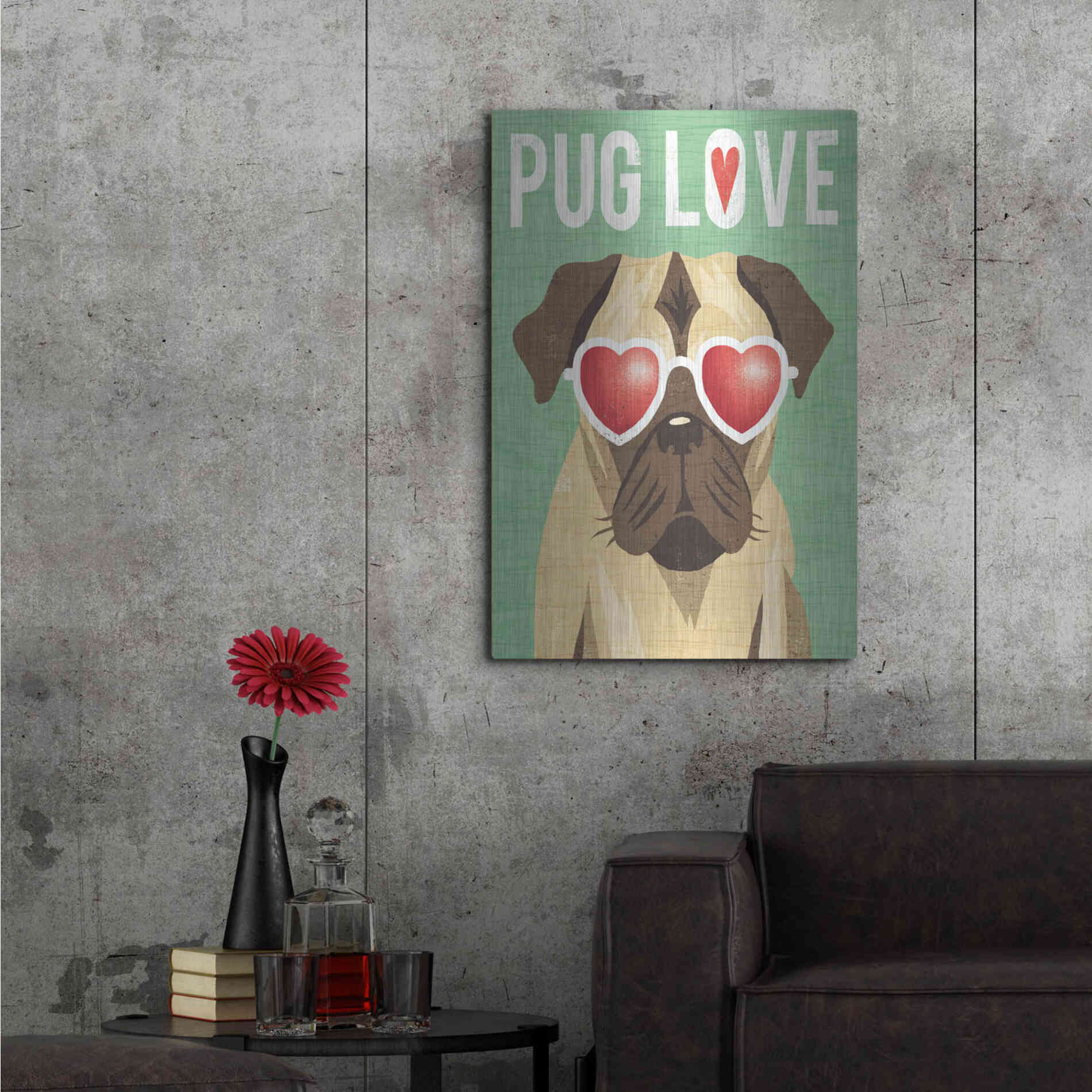 Luxe Metal Art 'Beach Bums Pug I Love' by Michael Mullan, Metal Wall Art,24x36
