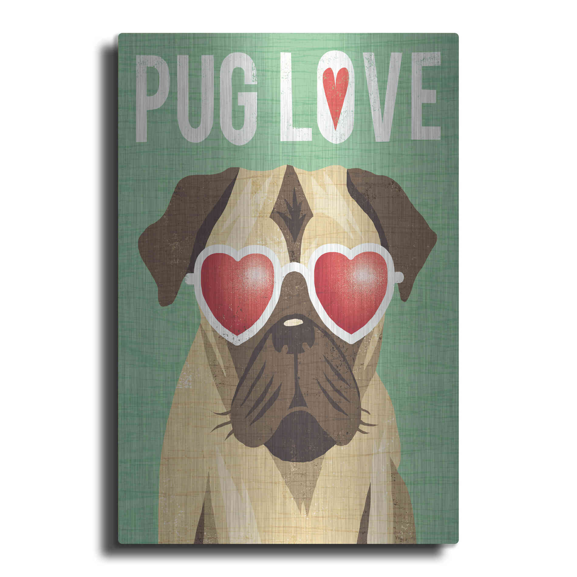 Luxe Metal Art 'Beach Bums Pug I Love' by Michael Mullan, Metal Wall Art