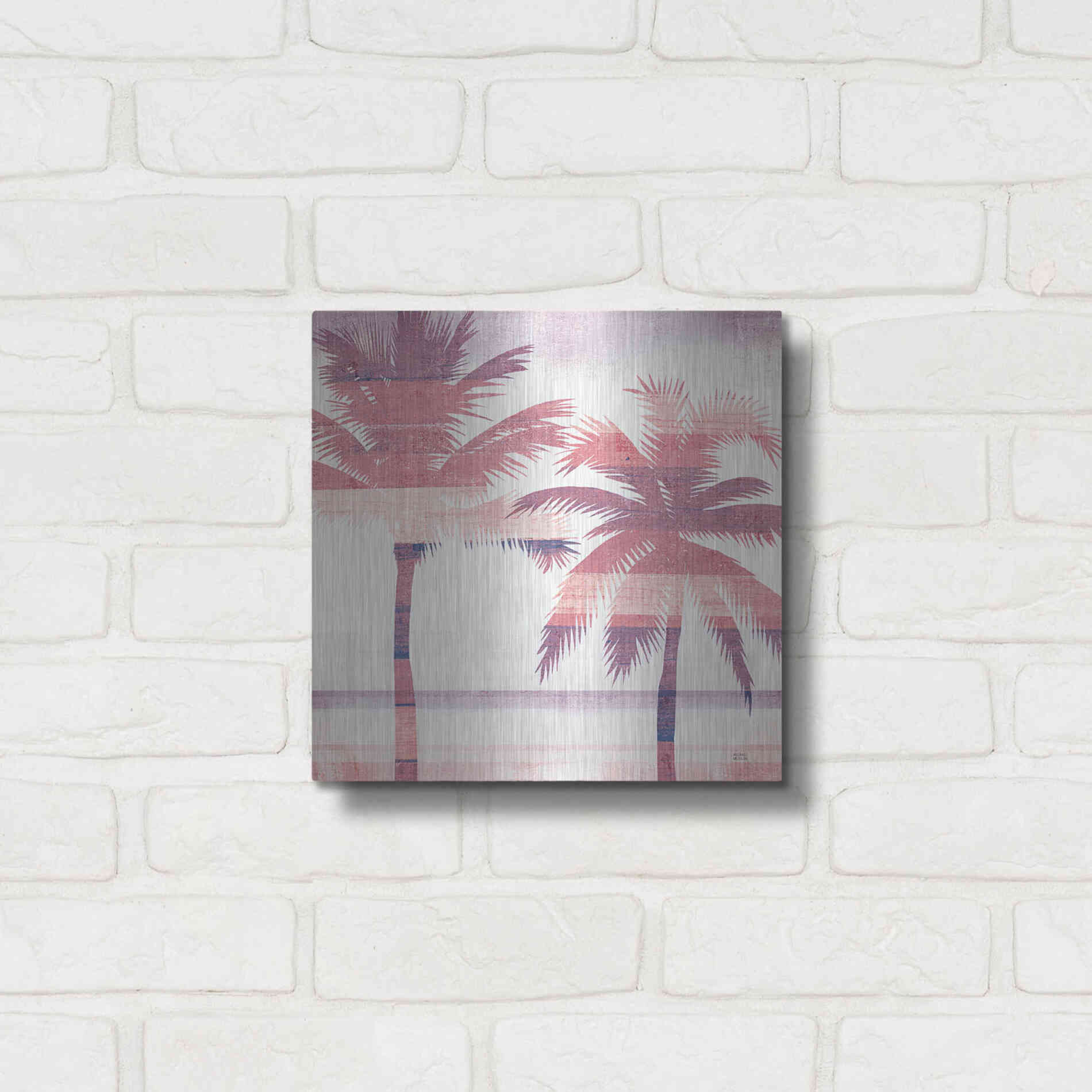 Luxe Metal Art 'Beachscape Palms III Pink Purple' by Michael Mullan, Metal Wall Art,12x12