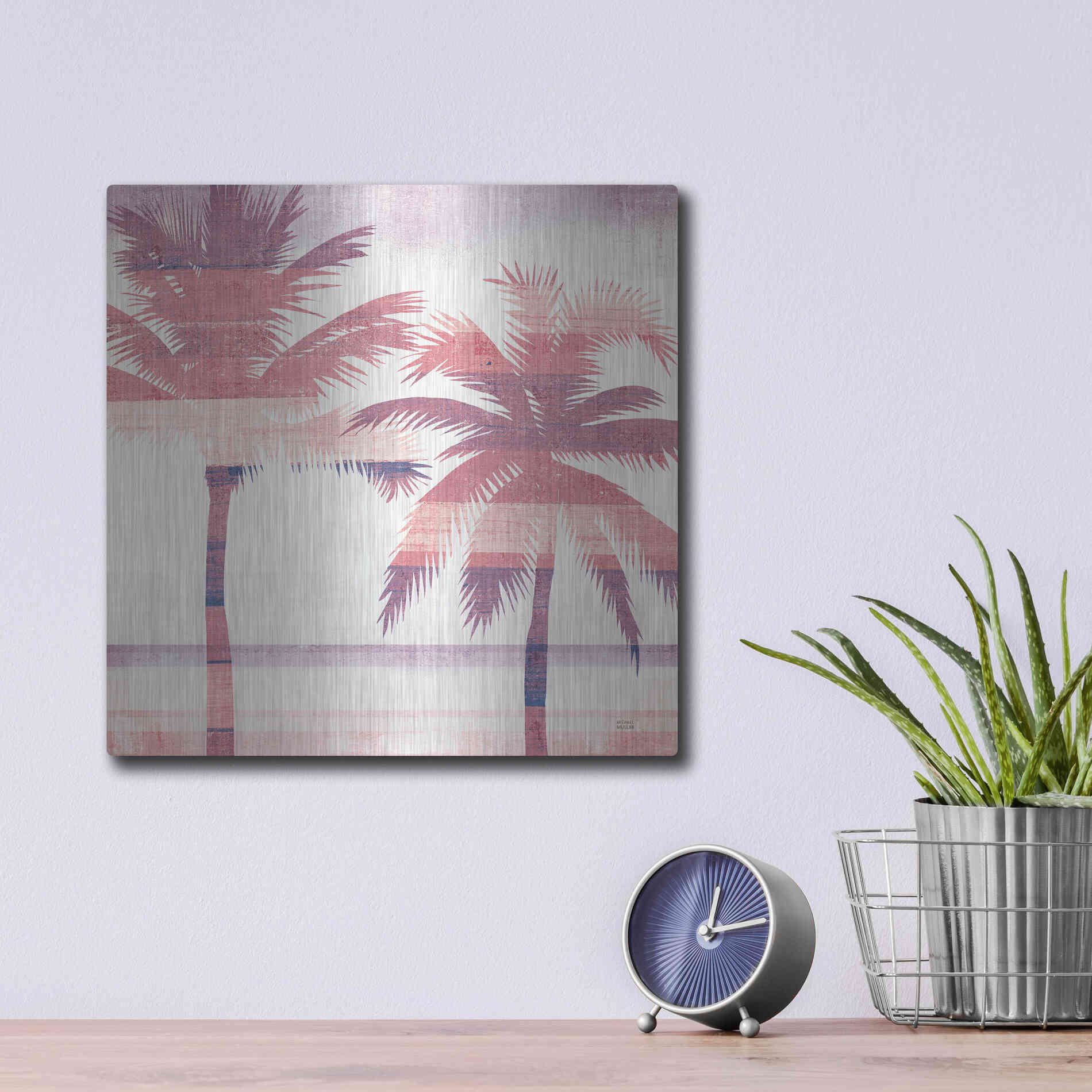 Luxe Metal Art 'Beachscape Palms III Pink Purple' by Michael Mullan, Metal Wall Art,12x12