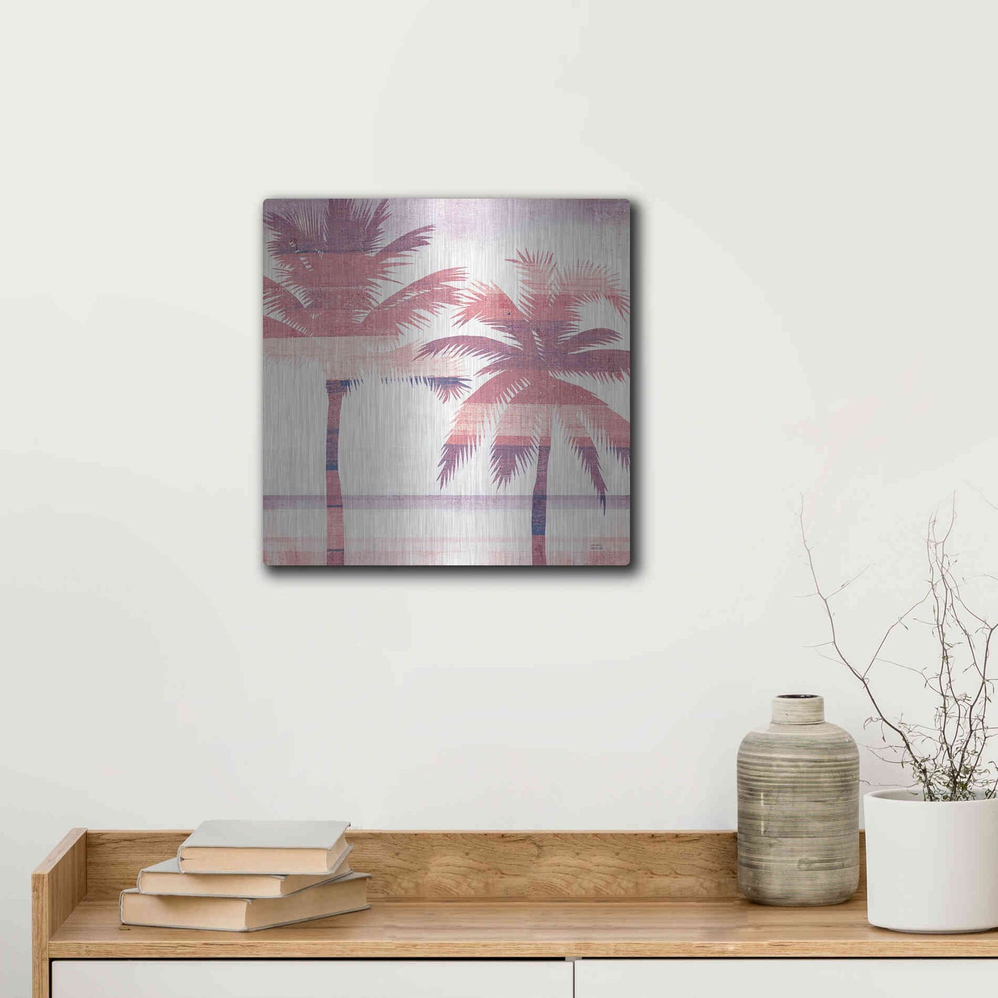 Luxe Metal Art 'Beachscape Palms III Pink Purple' by Michael Mullan, Metal Wall Art,12x12