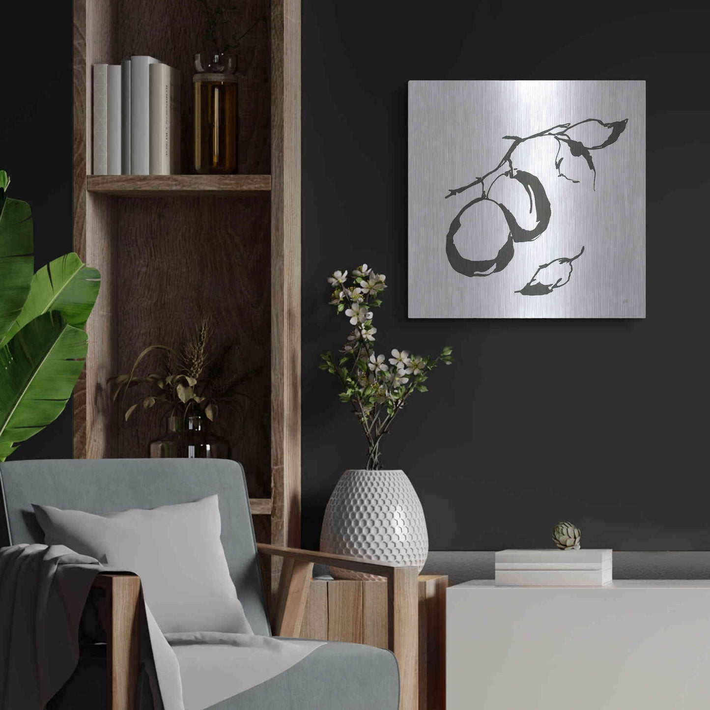 Luxe Metal Art 'Plums I BW' by Chris Paschke, Metal Wall Art,24x24