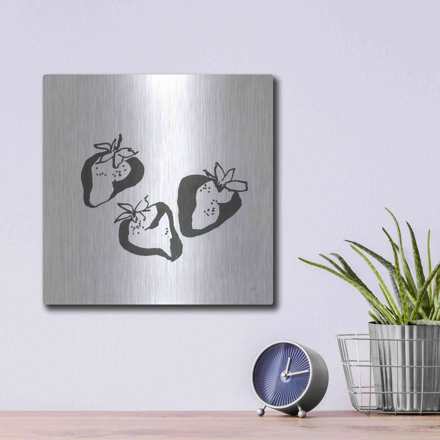Luxe Metal Art 'Strawberries BW' by Chris Paschke, Metal Wall Art,12x12