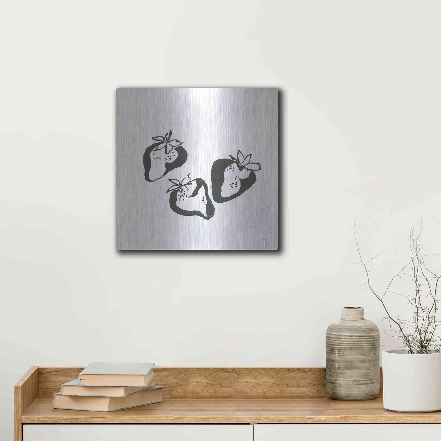 Luxe Metal Art 'Strawberries BW' by Chris Paschke, Metal Wall Art,12x12