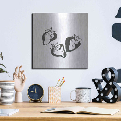 Luxe Metal Art 'Strawberries BW' by Chris Paschke, Metal Wall Art,12x12