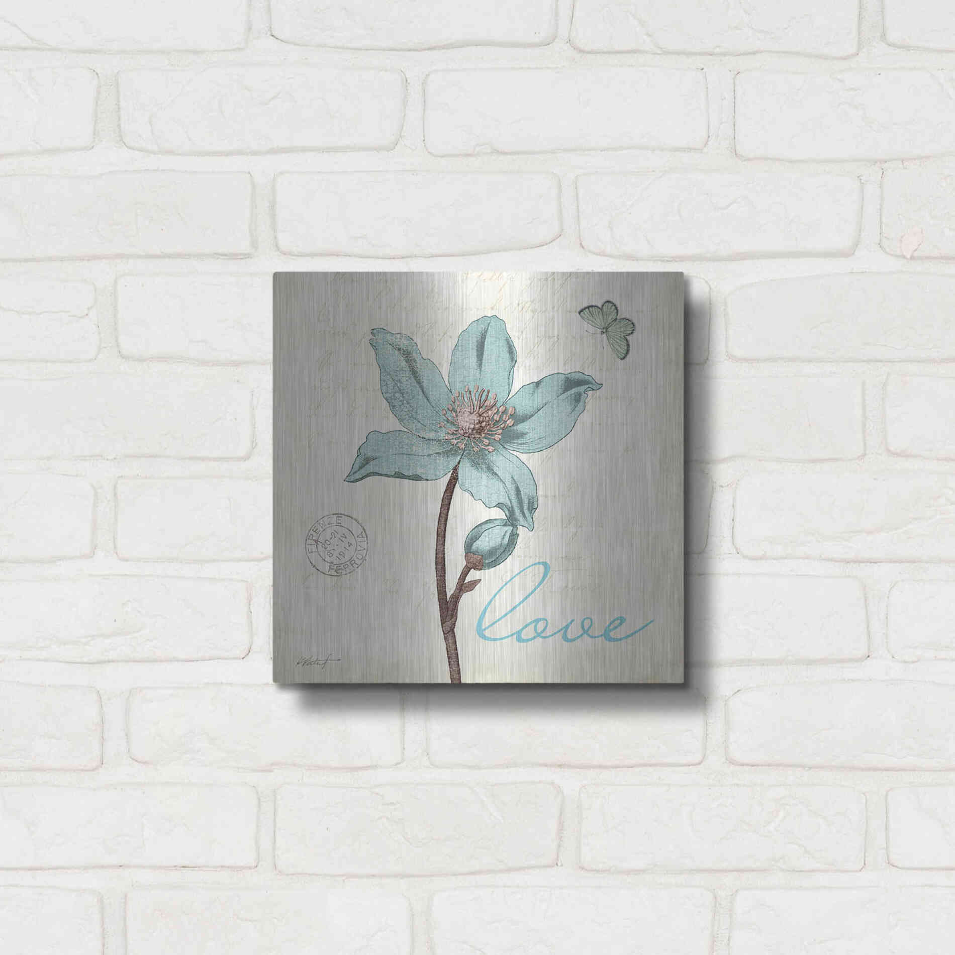 Luxe Metal Art 'Touch of Blue IV - Love' by Katie Pertiet, Metal Wall Art,12x12