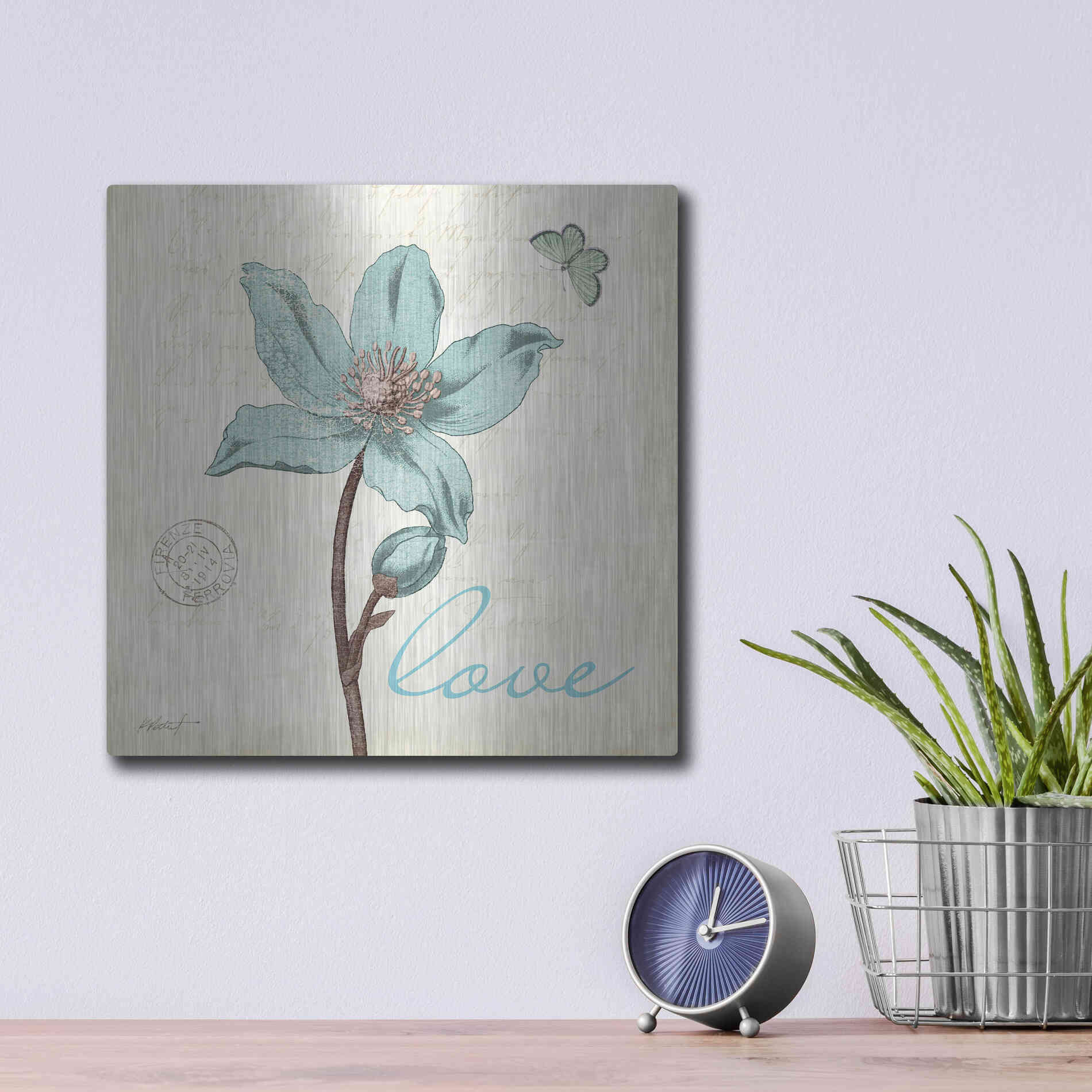 Luxe Metal Art 'Touch of Blue IV - Love' by Katie Pertiet, Metal Wall Art,12x12