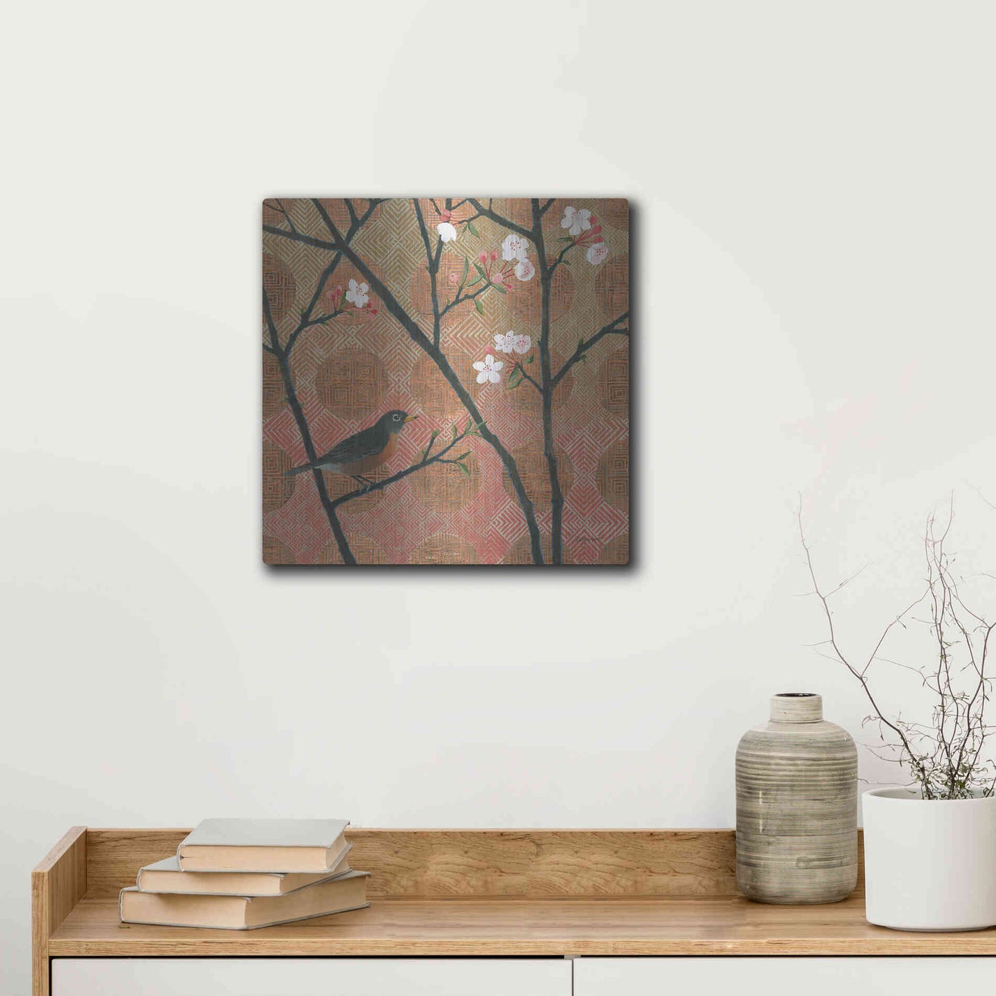 Luxe Metal Art 'Cherry Blossoms II' by Kathrine Lovell, Metal Wall Art,12x12