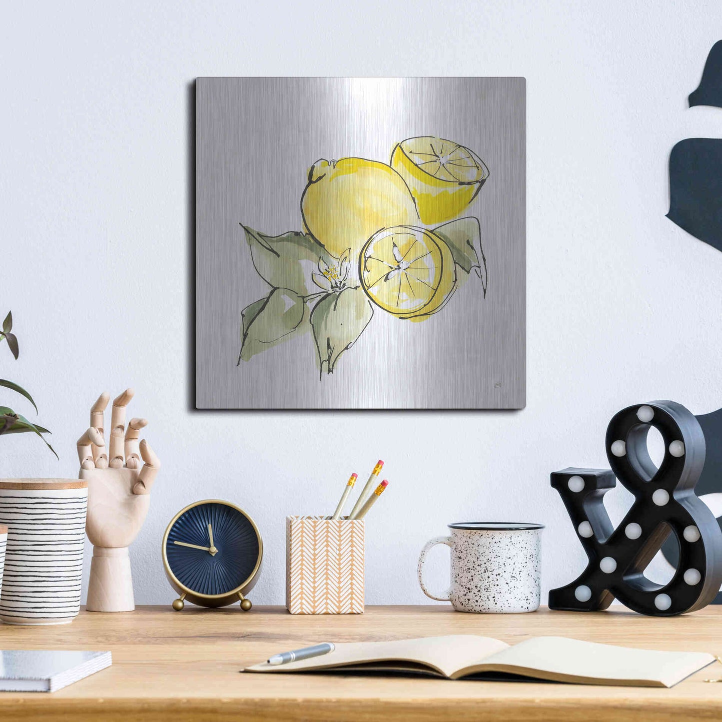 Luxe Metal Art 'Lemon Still Life I' by Chris Paschke, Metal Wall Art,12x12
