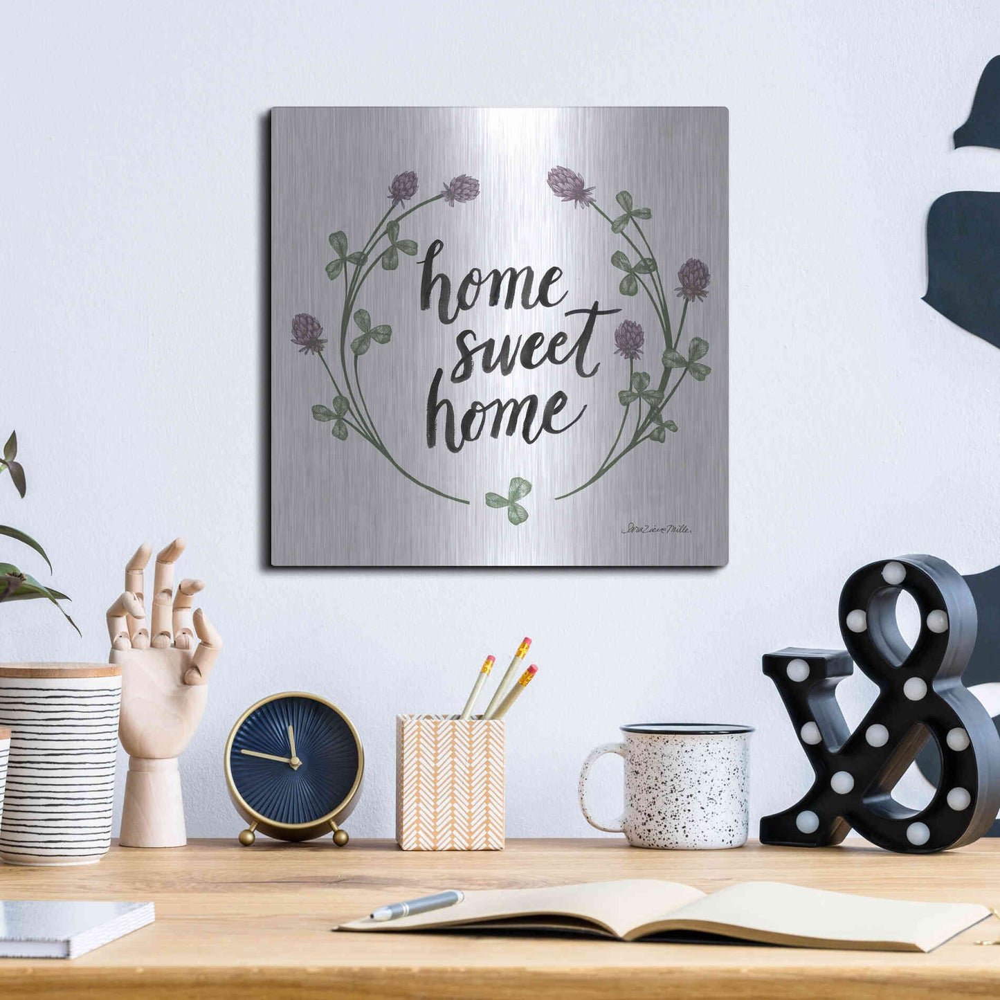 Luxe Metal Art 'Happy to Bee Home Words I' by Sara Zieve Miller, Metal Wall Art,12x12
