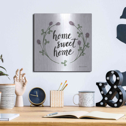 Luxe Metal Art 'Happy to Bee Home Words I' by Sara Zieve Miller, Metal Wall Art,12x12