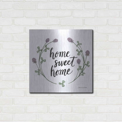 Luxe Metal Art 'Happy to Bee Home Words I' by Sara Zieve Miller, Metal Wall Art,24x24