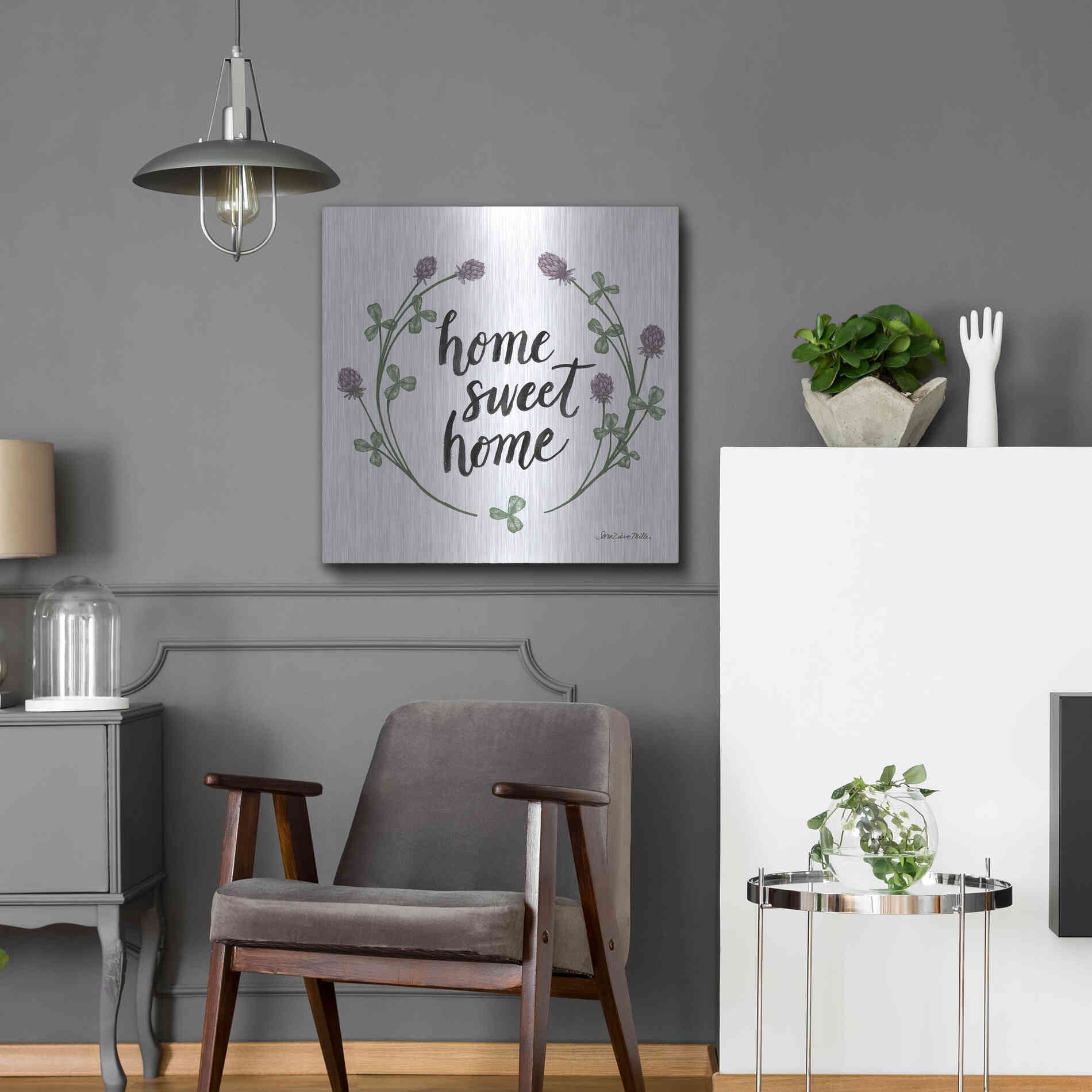 Luxe Metal Art 'Happy to Bee Home Words I' by Sara Zieve Miller, Metal Wall Art,24x24