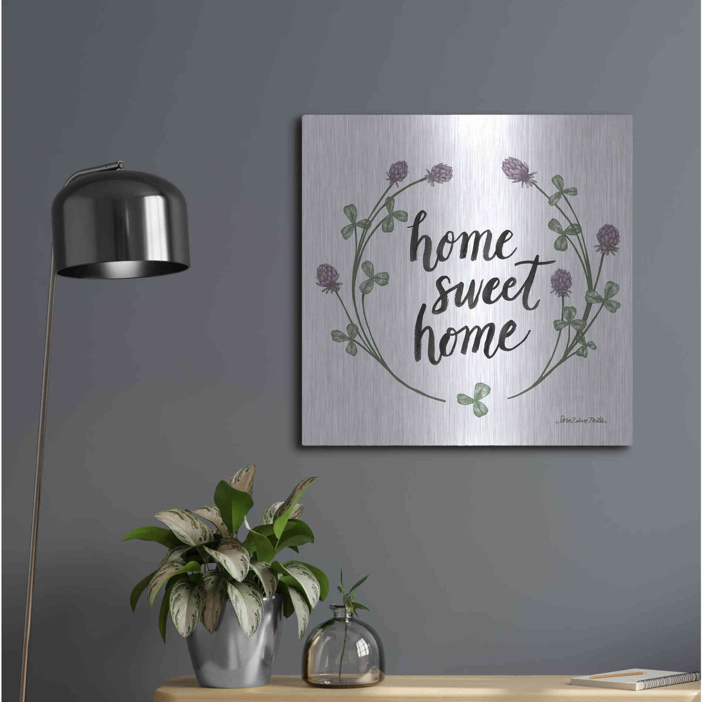 Luxe Metal Art 'Happy to Bee Home Words I' by Sara Zieve Miller, Metal Wall Art,24x24