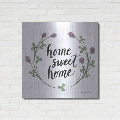 Luxe Metal Art 'Happy to Bee Home Words I' by Sara Zieve Miller, Metal Wall Art,36x36