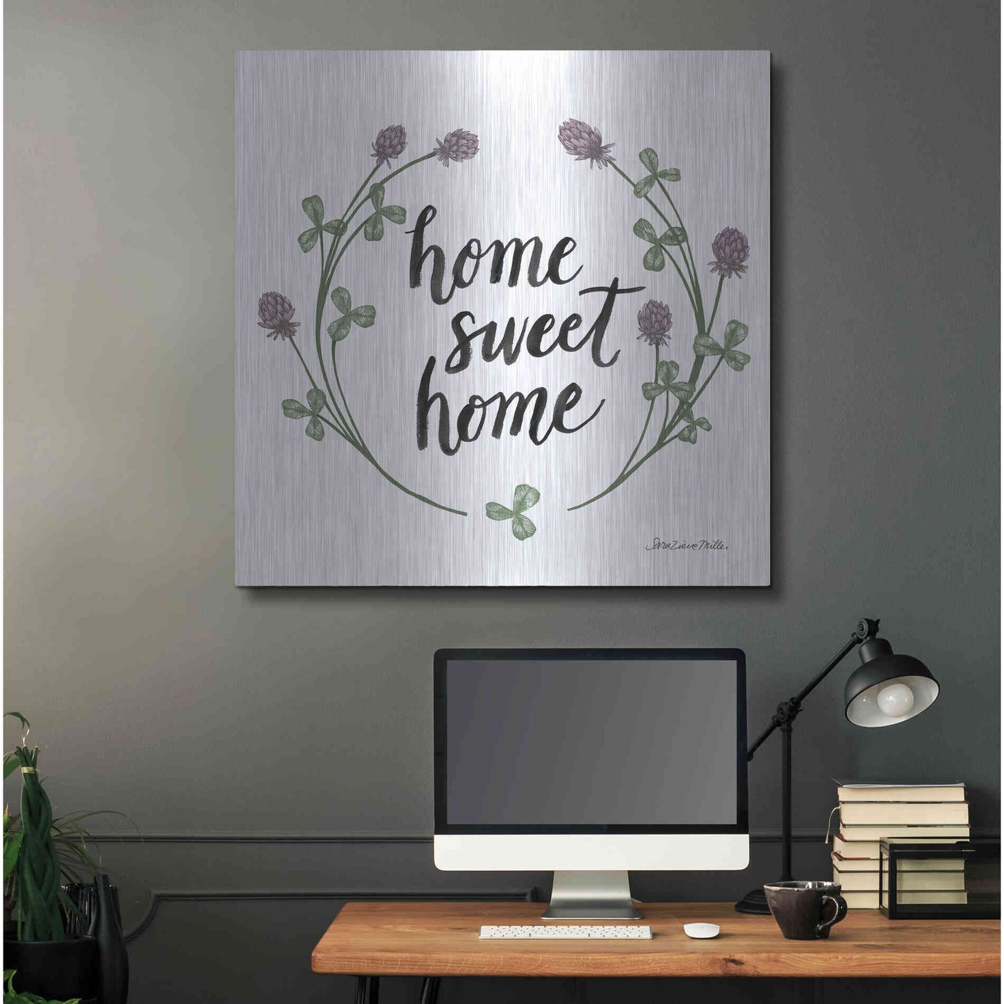 Luxe Metal Art 'Happy to Bee Home Words I' by Sara Zieve Miller, Metal Wall Art,36x36