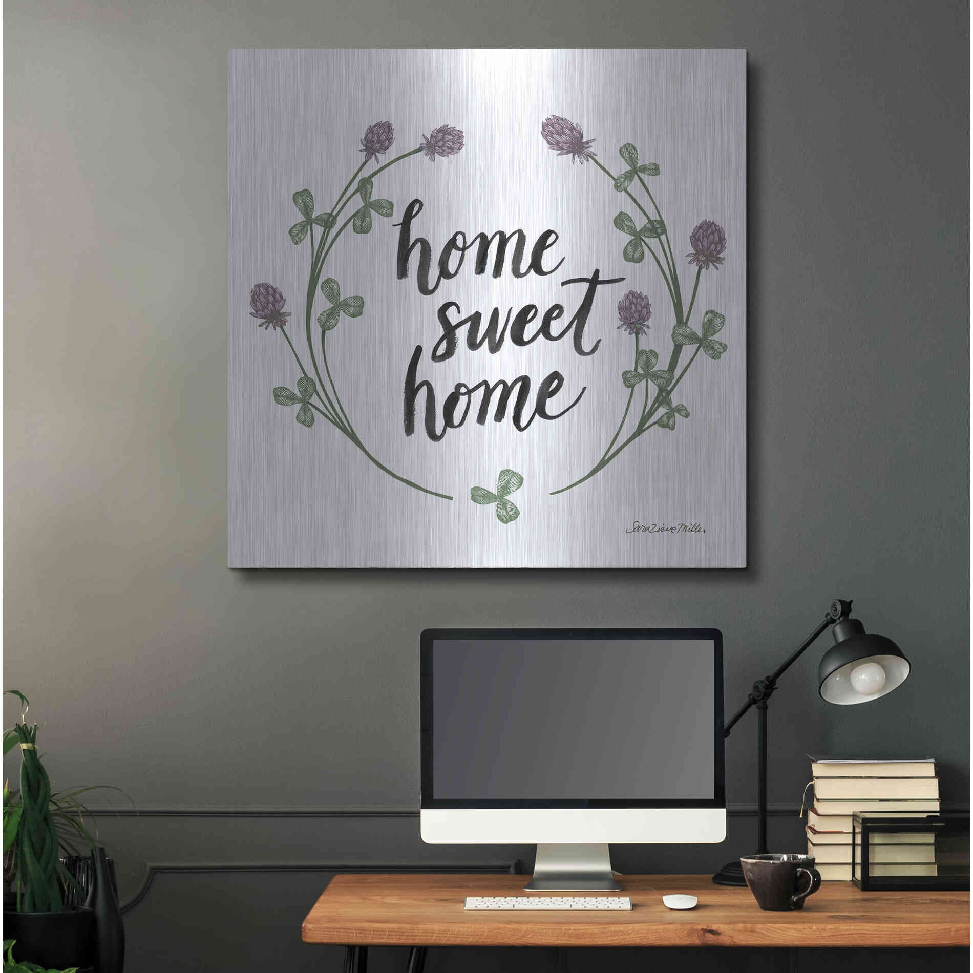 Luxe Metal Art 'Happy to Bee Home Words I' by Sara Zieve Miller, Metal Wall Art,36x36