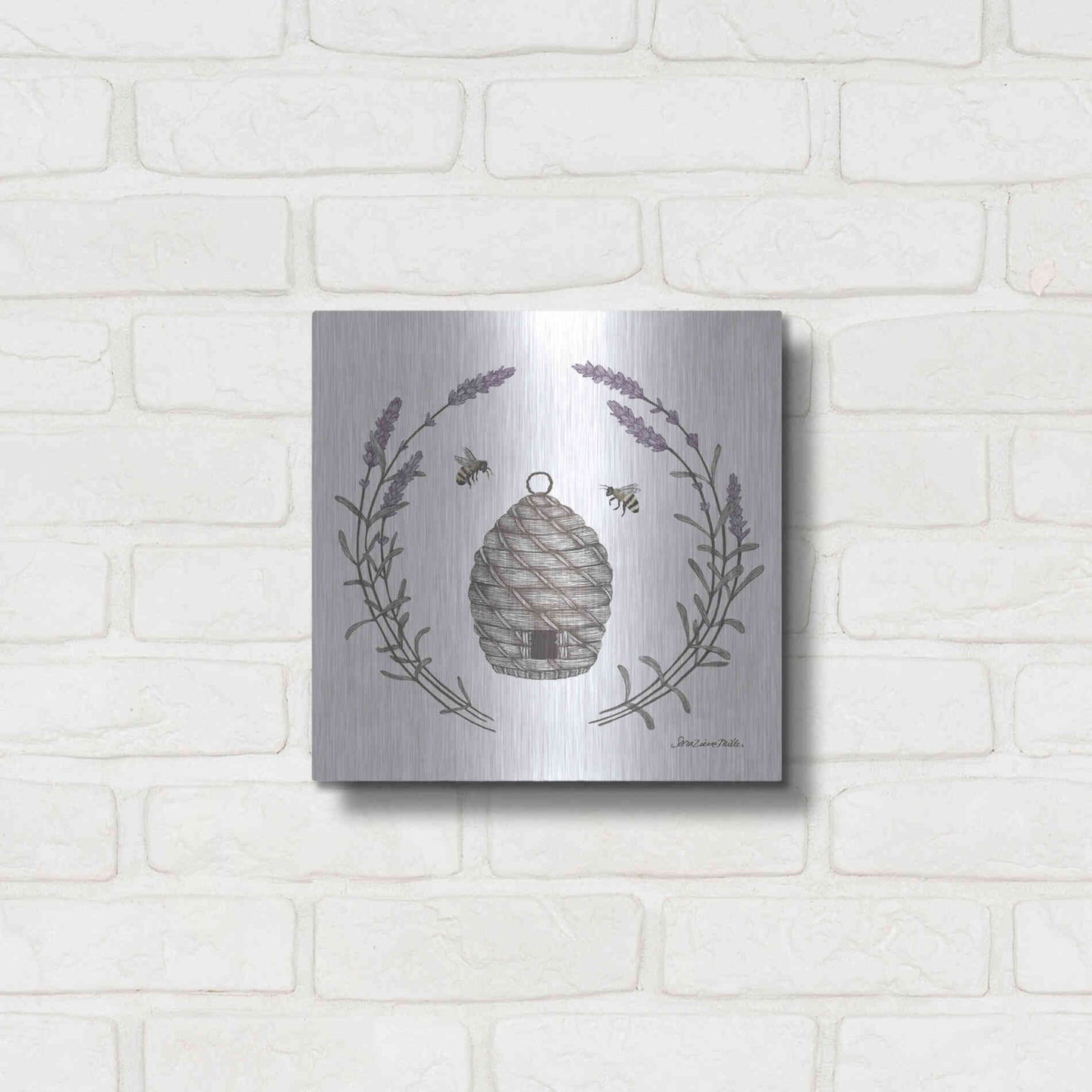 Luxe Metal Art 'Happy to Bee Home II' by Sara Zieve Miller, Metal Wall Art,12x12