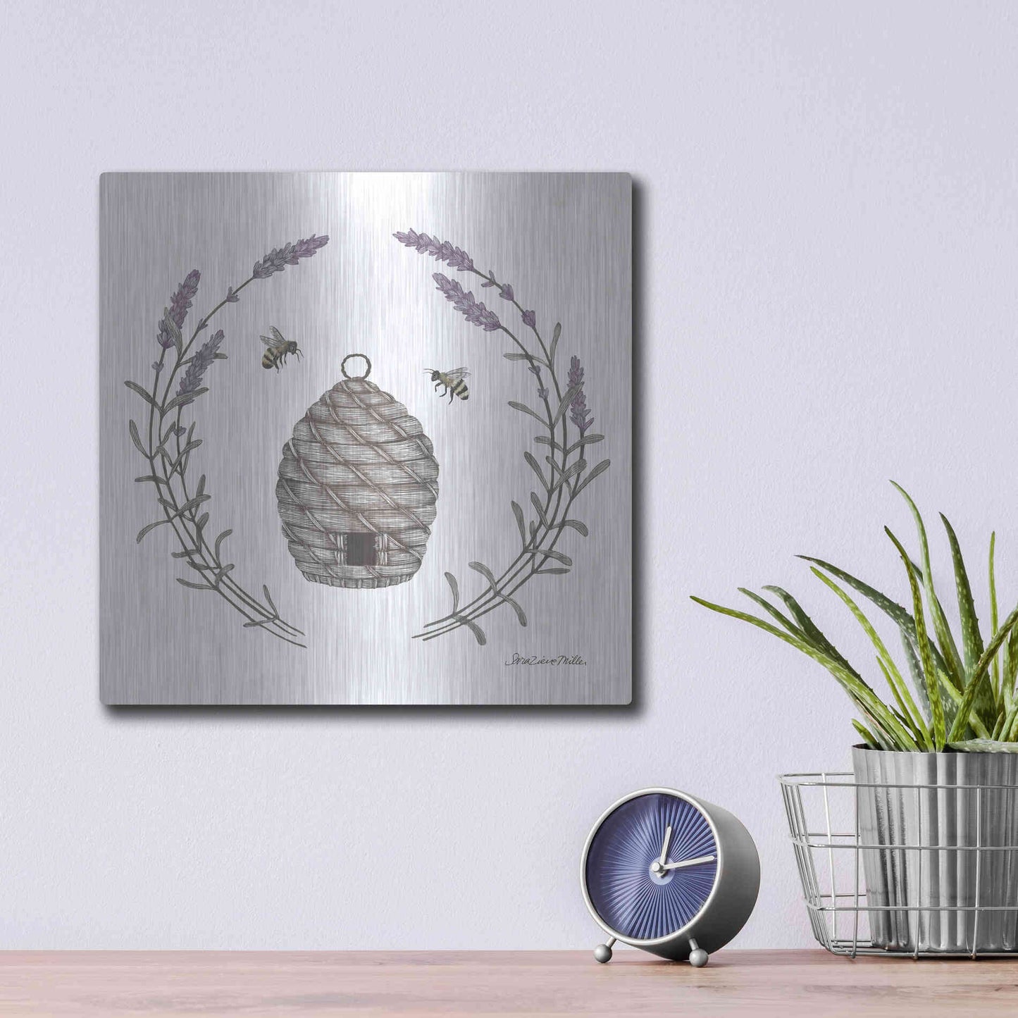 Luxe Metal Art 'Happy to Bee Home II' by Sara Zieve Miller, Metal Wall Art,12x12