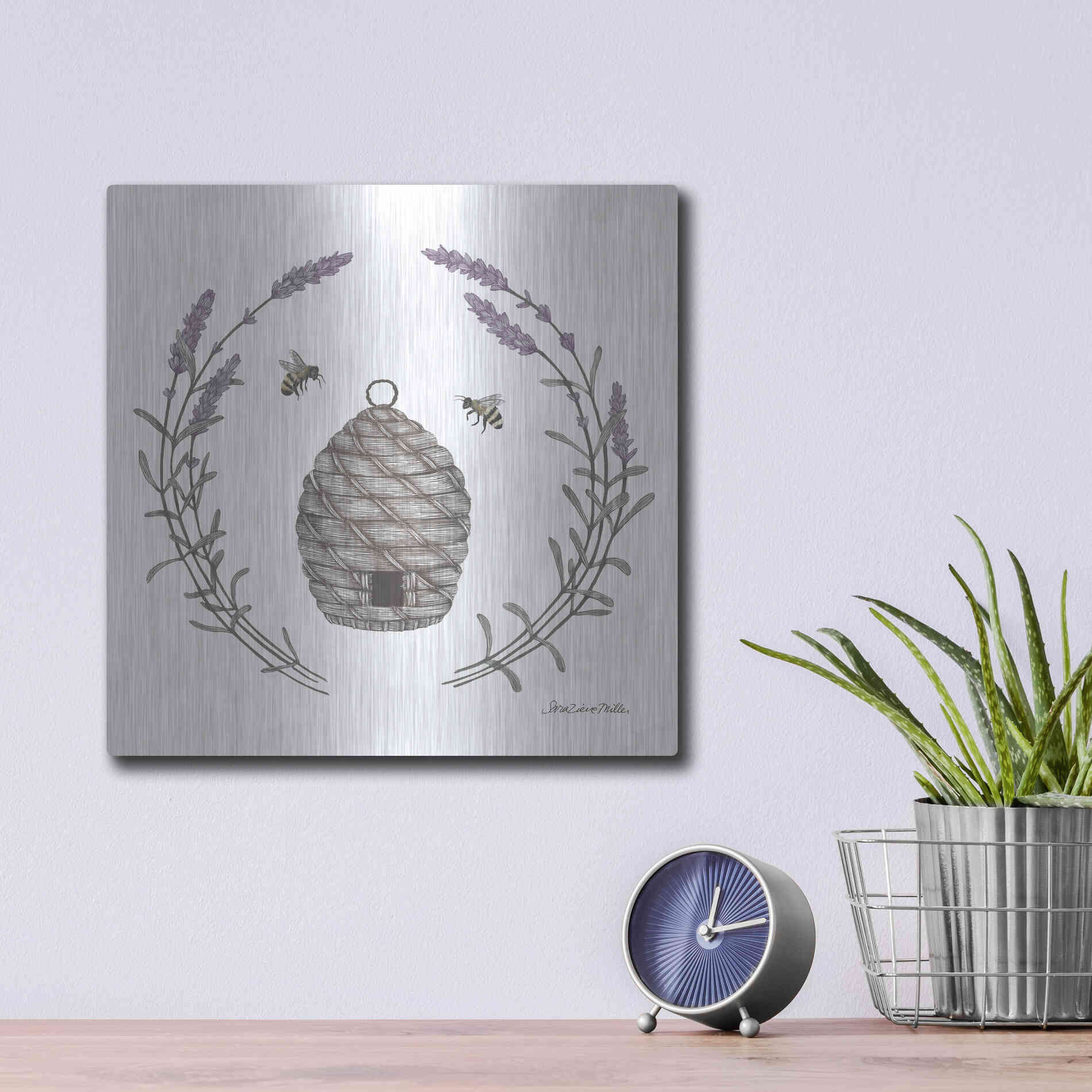 Luxe Metal Art 'Happy to Bee Home II' by Sara Zieve Miller, Metal Wall Art,12x12