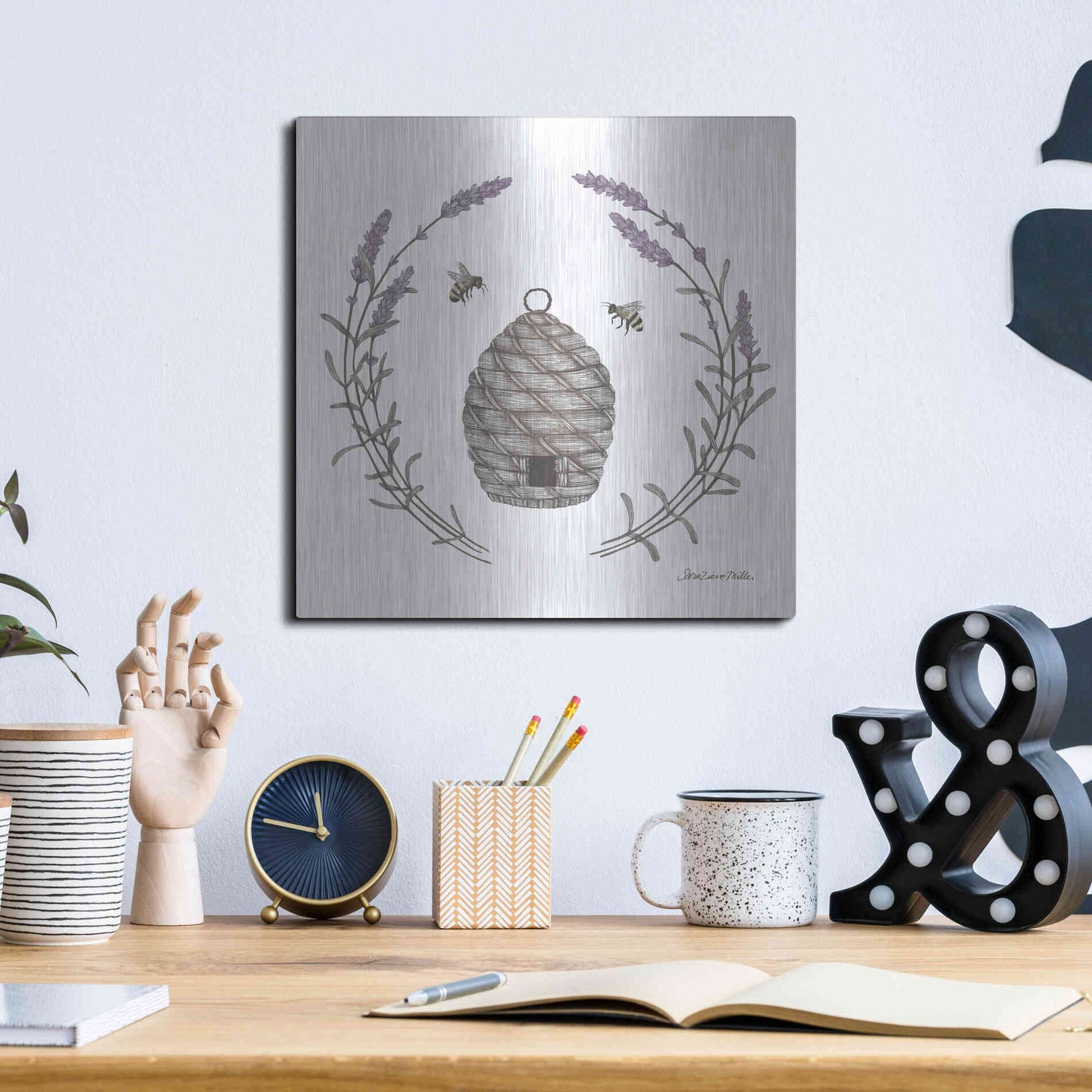 Luxe Metal Art 'Happy to Bee Home II' by Sara Zieve Miller, Metal Wall Art,12x12