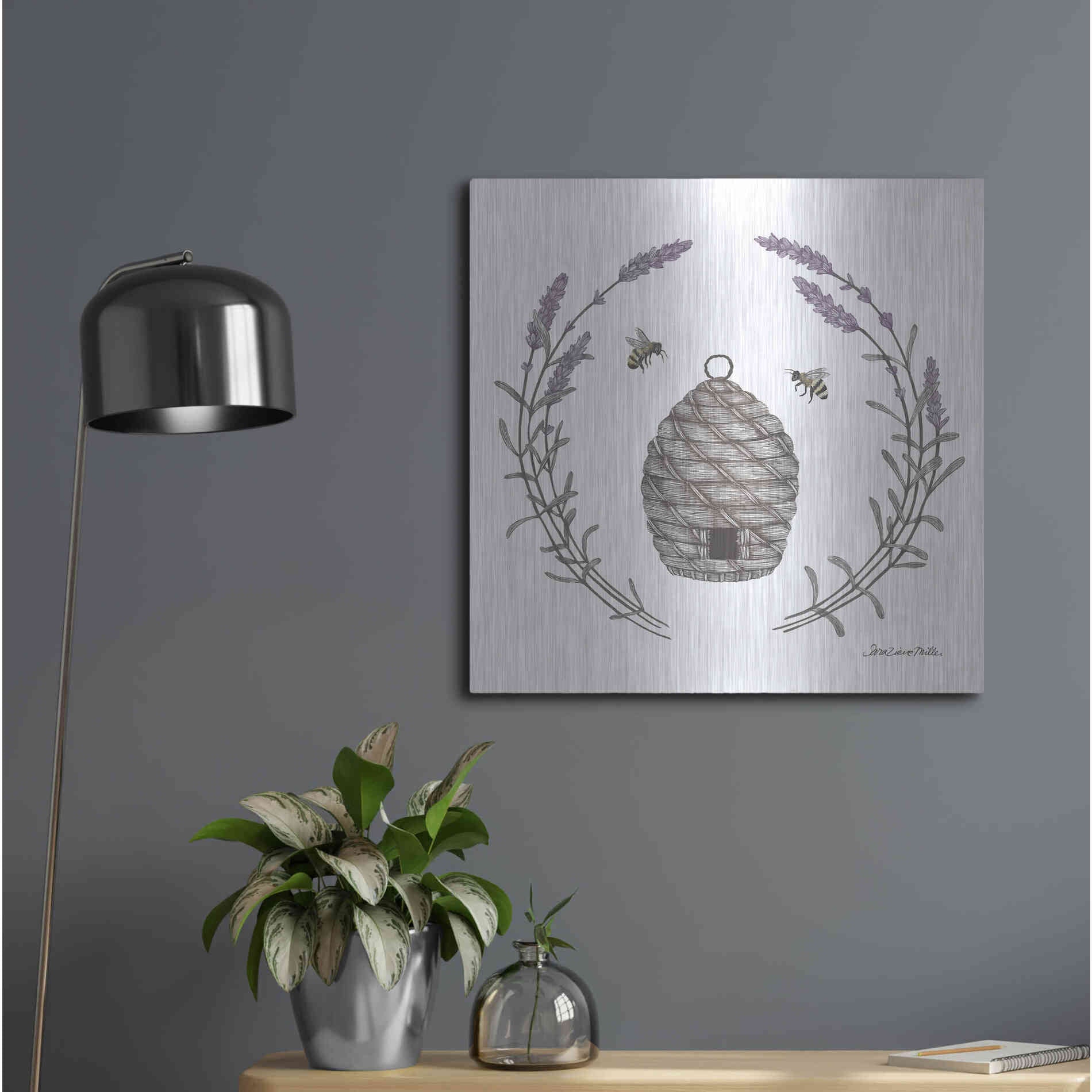 Luxe Metal Art 'Happy to Bee Home II' by Sara Zieve Miller, Metal Wall Art,24x24