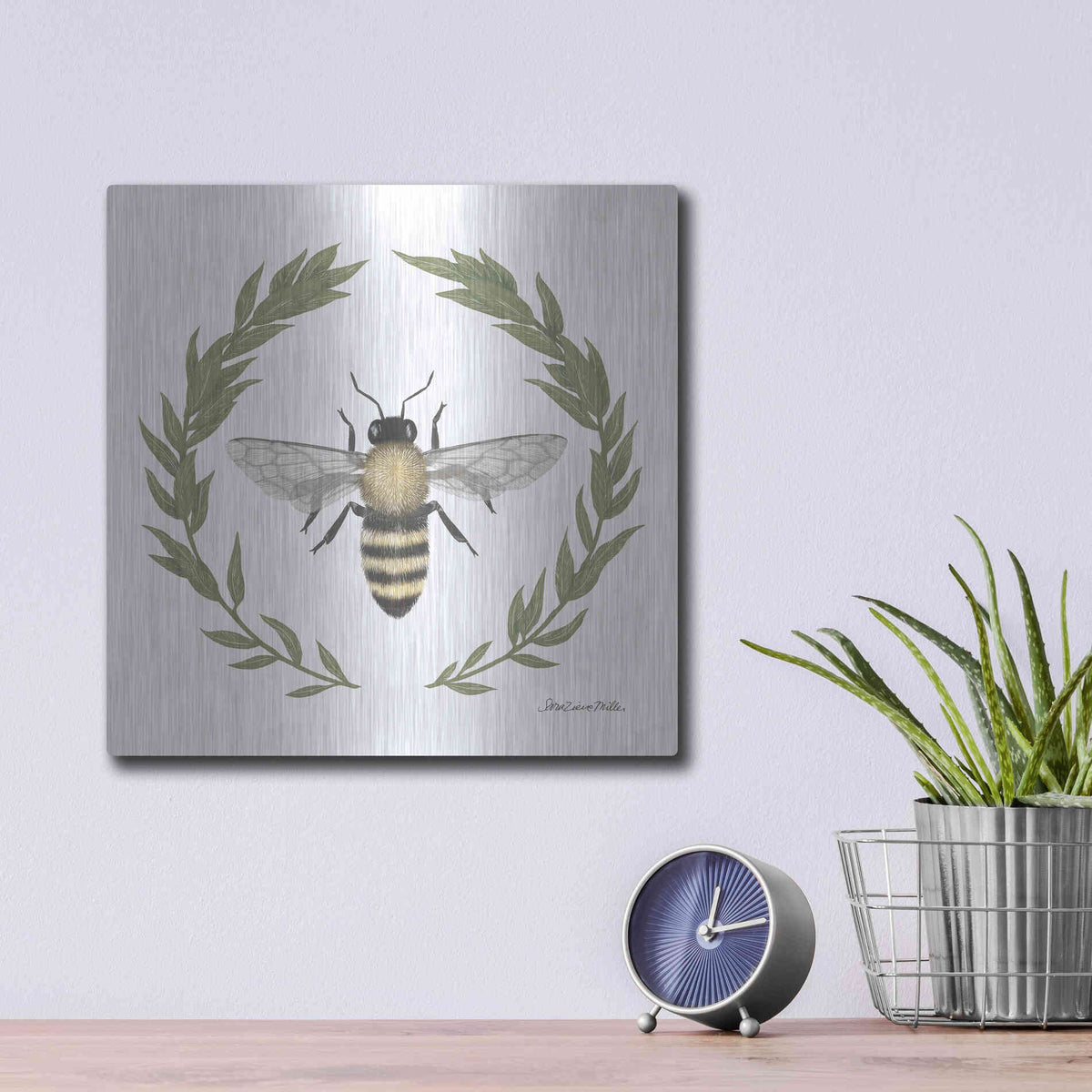 Luxe Metal Art 'Happy to Bee Home I' by Sara Zieve Miller, Metal Wall Art,12x12