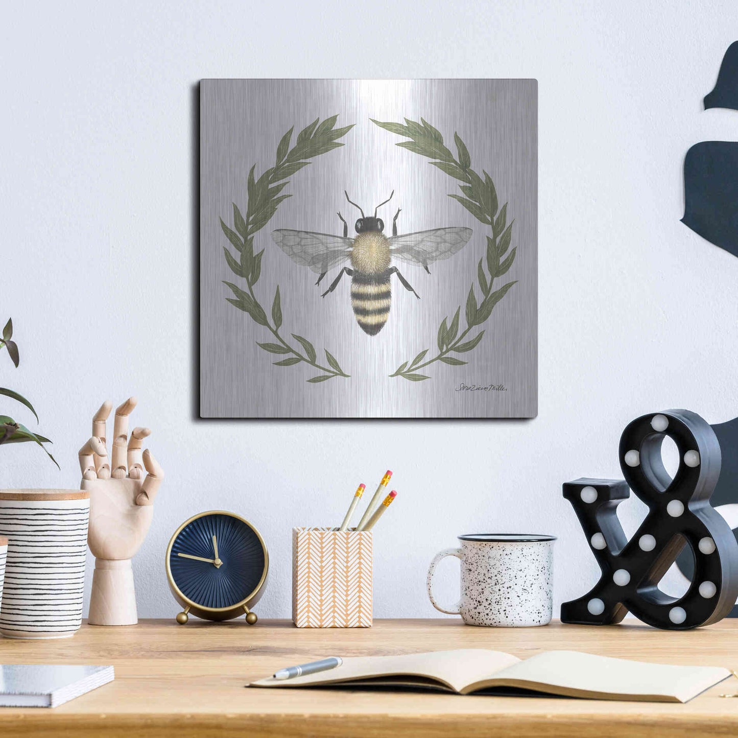 Luxe Metal Art 'Happy to Bee Home I' by Sara Zieve Miller, Metal Wall Art,12x12