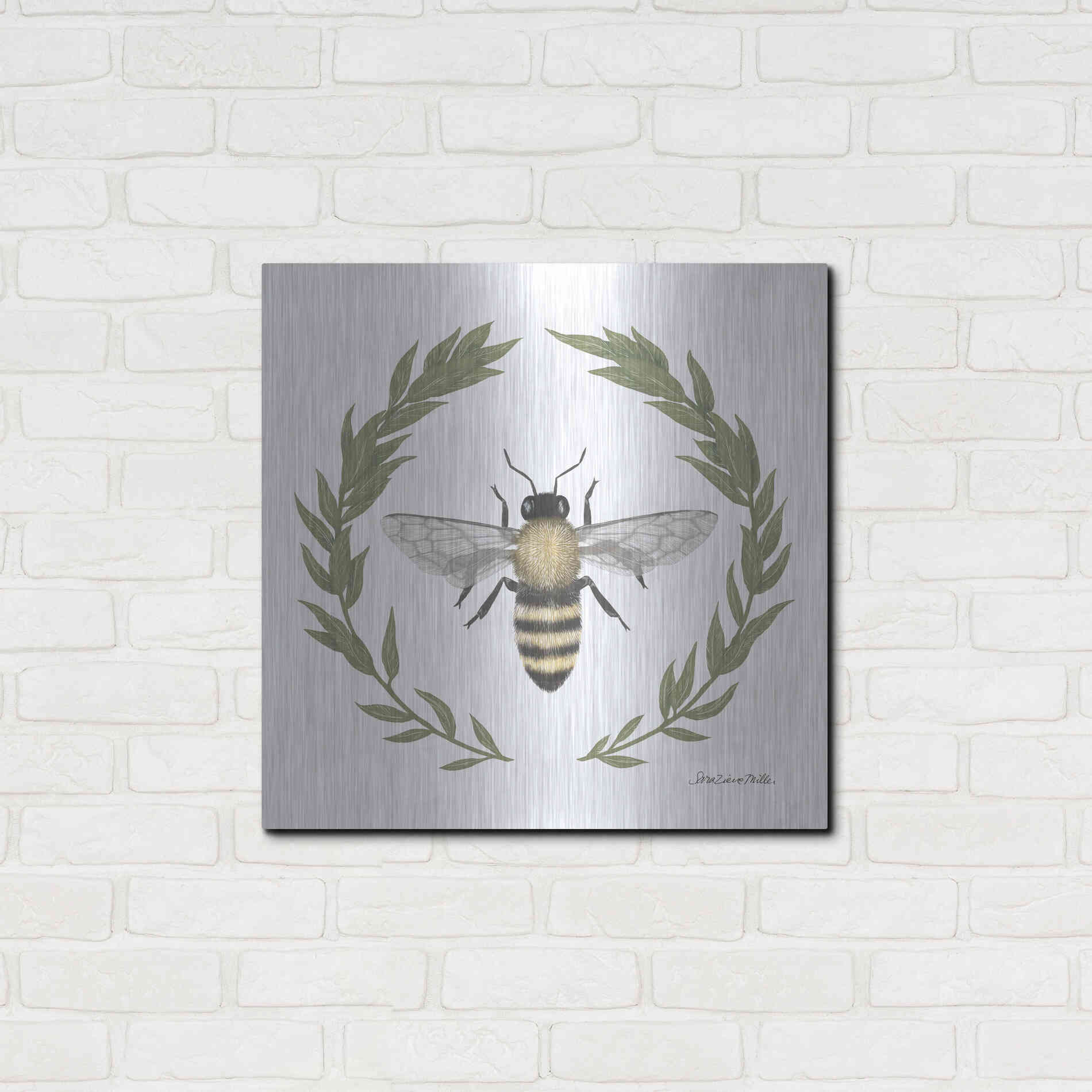 Luxe Metal Art 'Happy to Bee Home I' by Sara Zieve Miller, Metal Wall Art,24x24