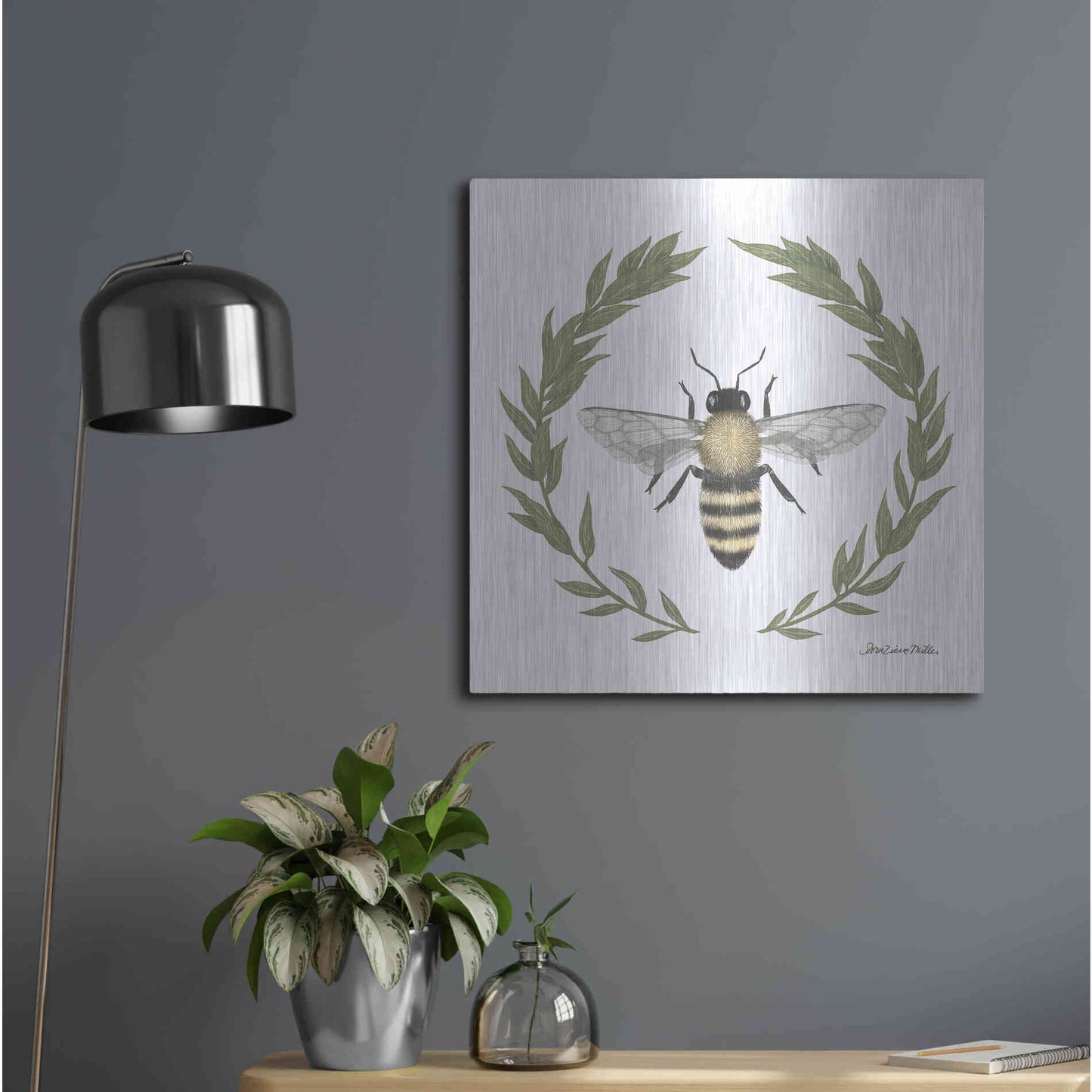 Luxe Metal Art 'Happy to Bee Home I' by Sara Zieve Miller, Metal Wall Art,24x24
