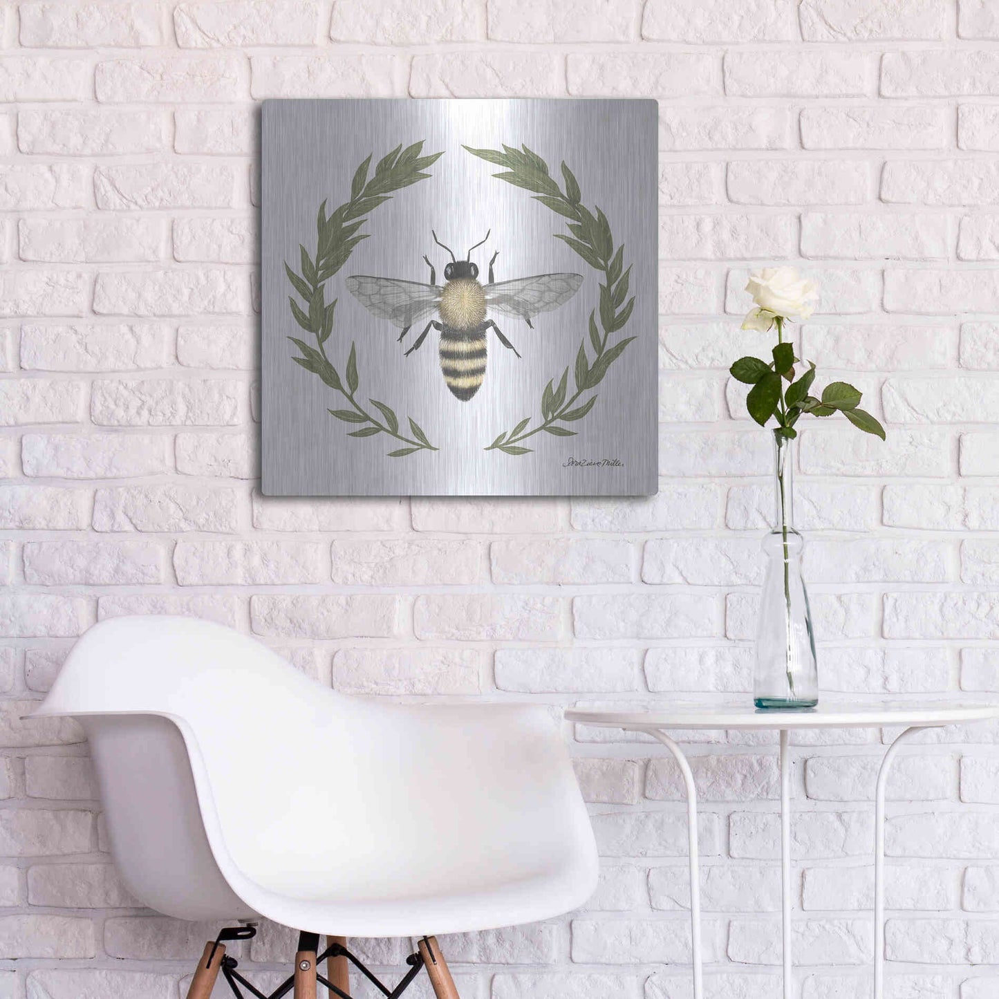 Luxe Metal Art 'Happy to Bee Home I' by Sara Zieve Miller, Metal Wall Art,24x24