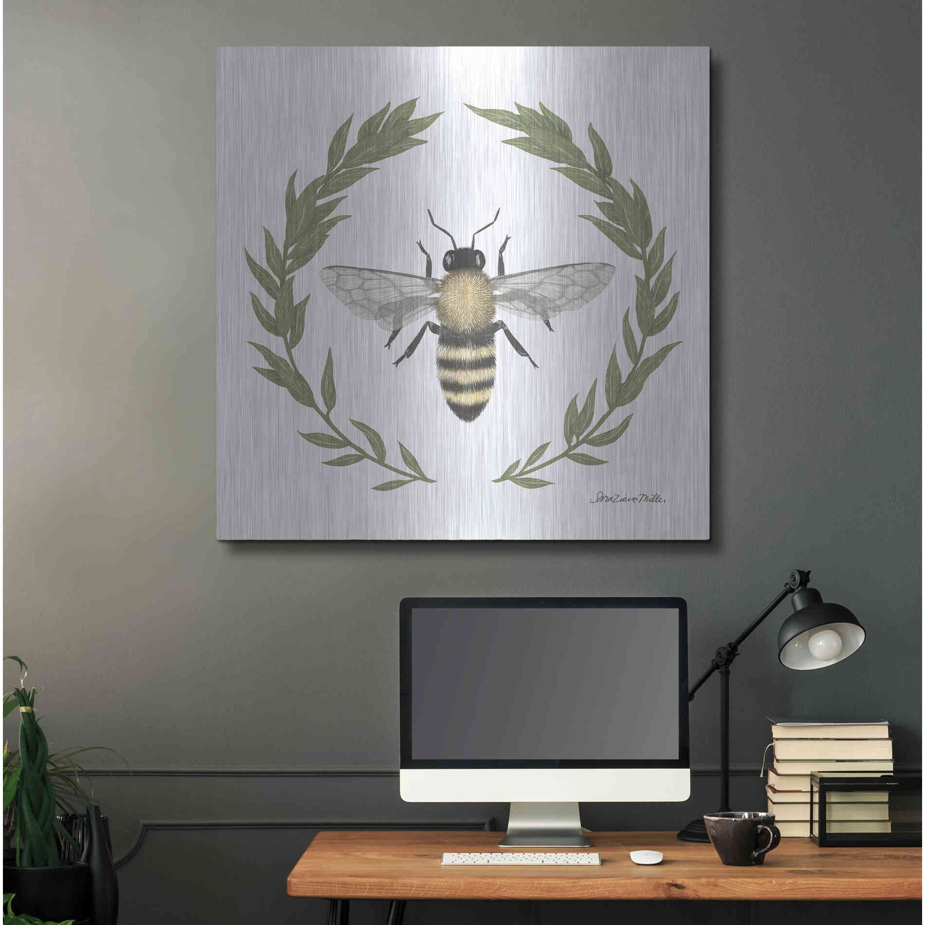 Luxe Metal Art 'Happy to Bee Home I' by Sara Zieve Miller, Metal Wall Art,36x36