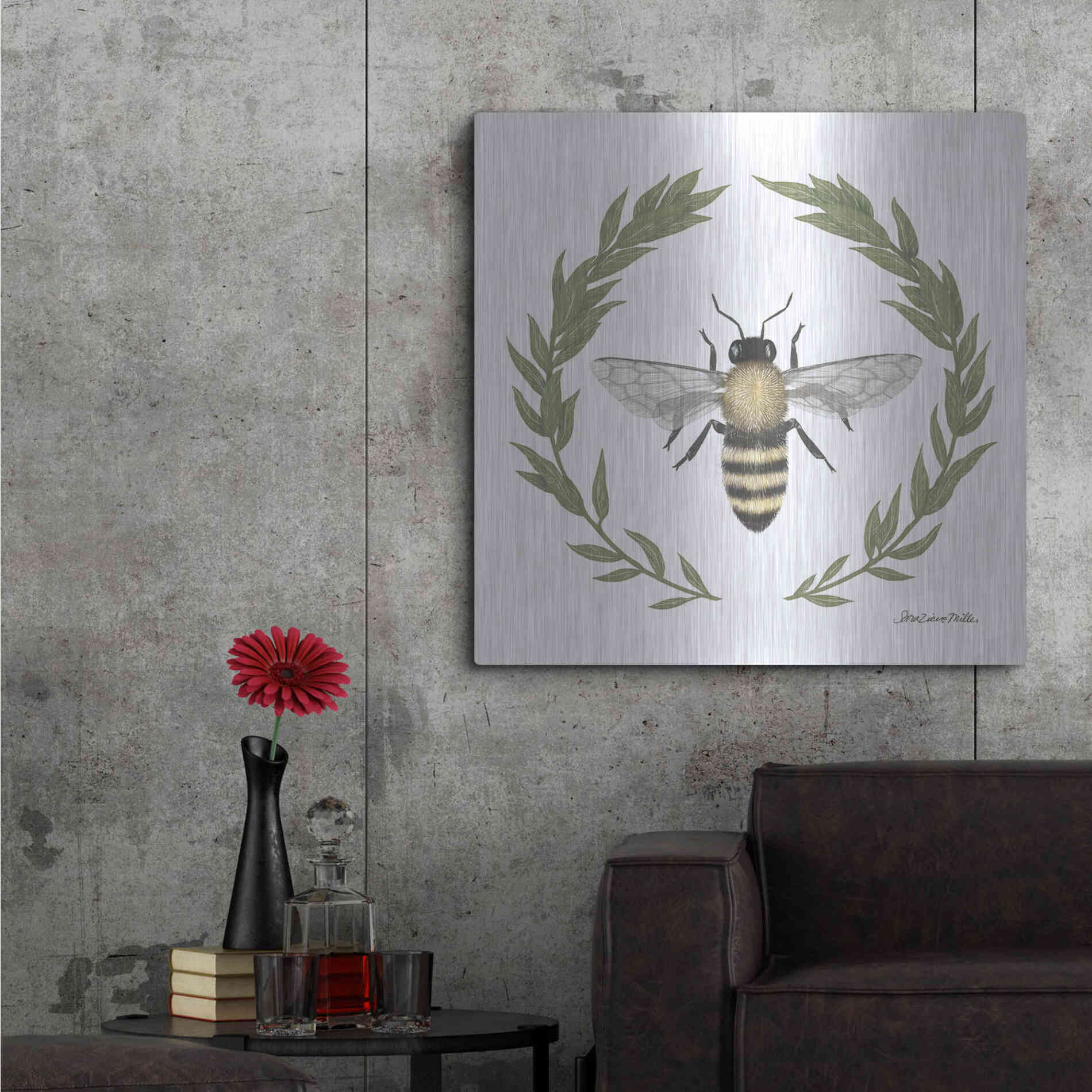 Luxe Metal Art 'Happy to Bee Home I' by Sara Zieve Miller, Metal Wall Art,36x36