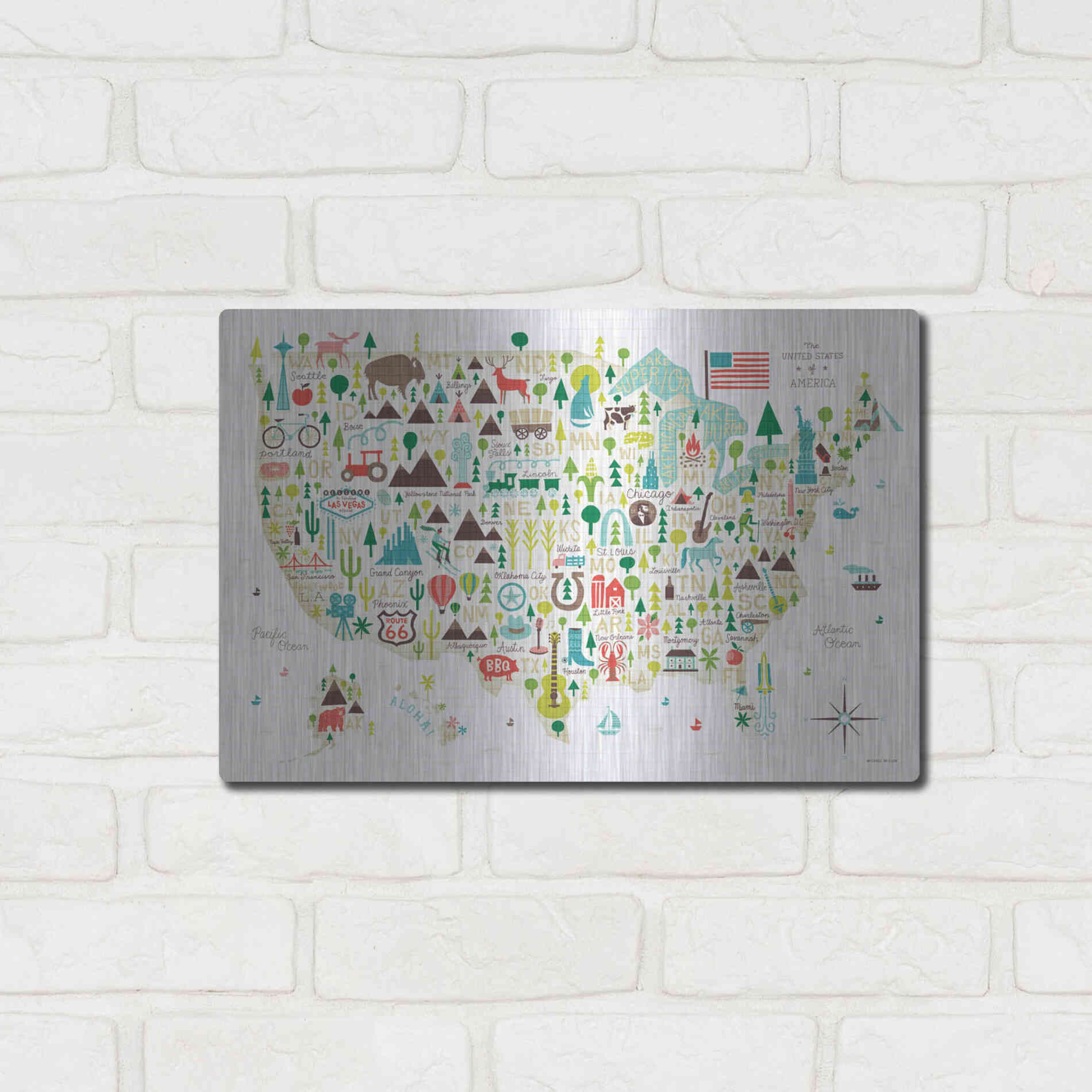 Luxe Metal Art 'Illustrated USA' by Michael Mullan, Metal Wall Art,16x12