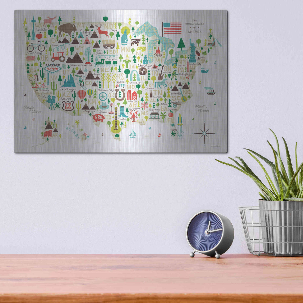 Luxe Metal Art 'Illustrated USA' by Michael Mullan, Metal Wall Art,16x12